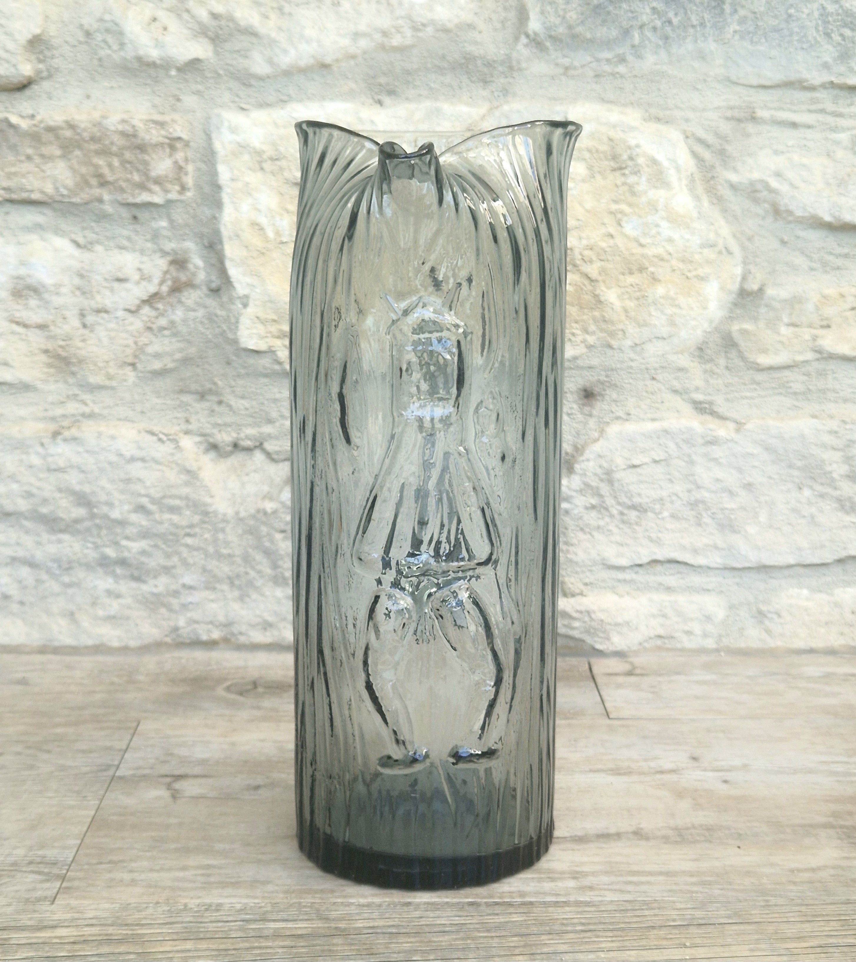 Björkshult Glassworks Sweden Hand Blown Mid Century Textured Smoke Glass 'Viking Pitcher Large