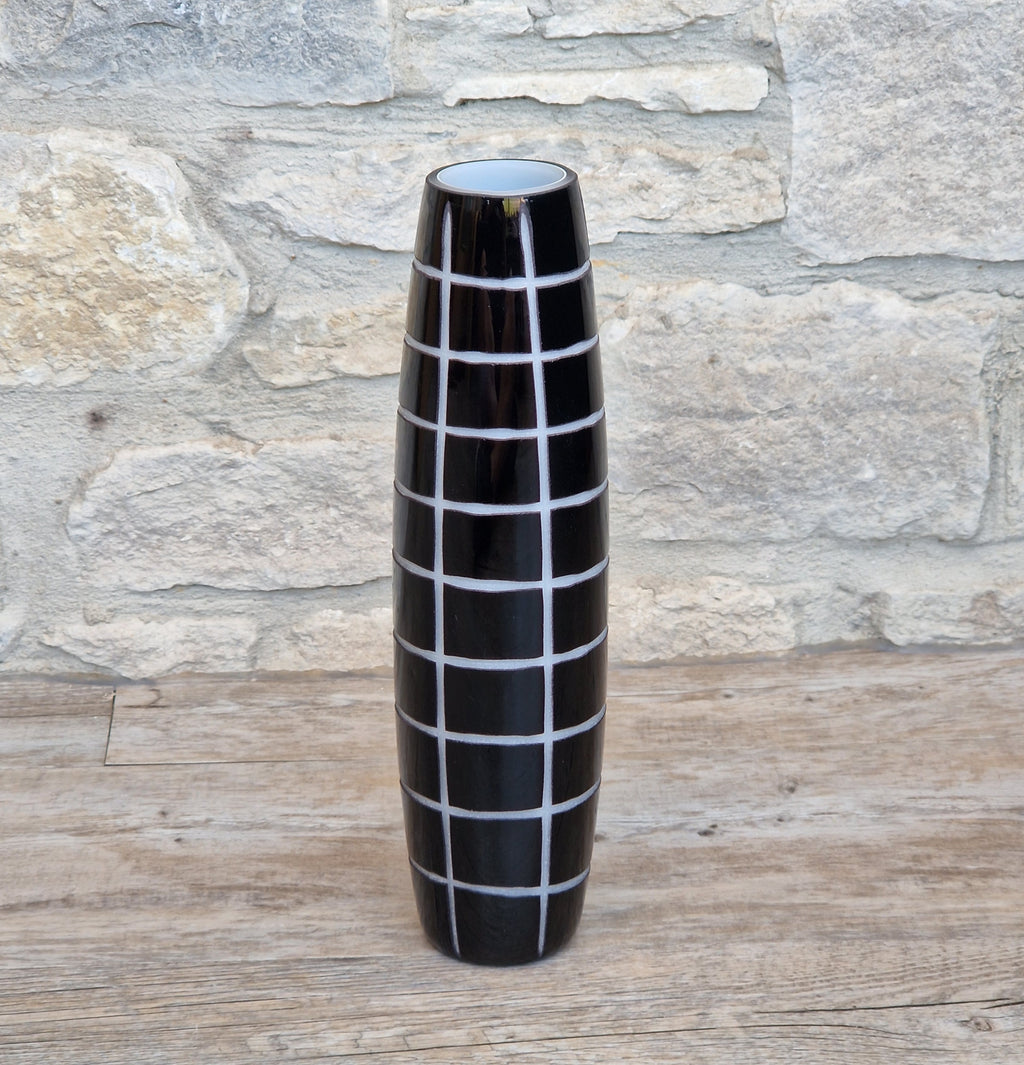 Mid-Century Modern Black & White Cased Cameo Art Glass Tall Geometric Grid Vase