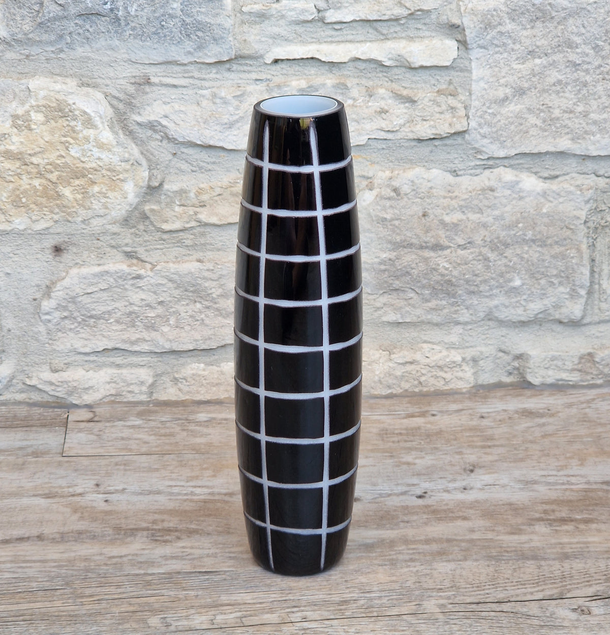 Mid-Century Modern Black & White Cased Cameo Art Glass Tall Geometric Grid Vase