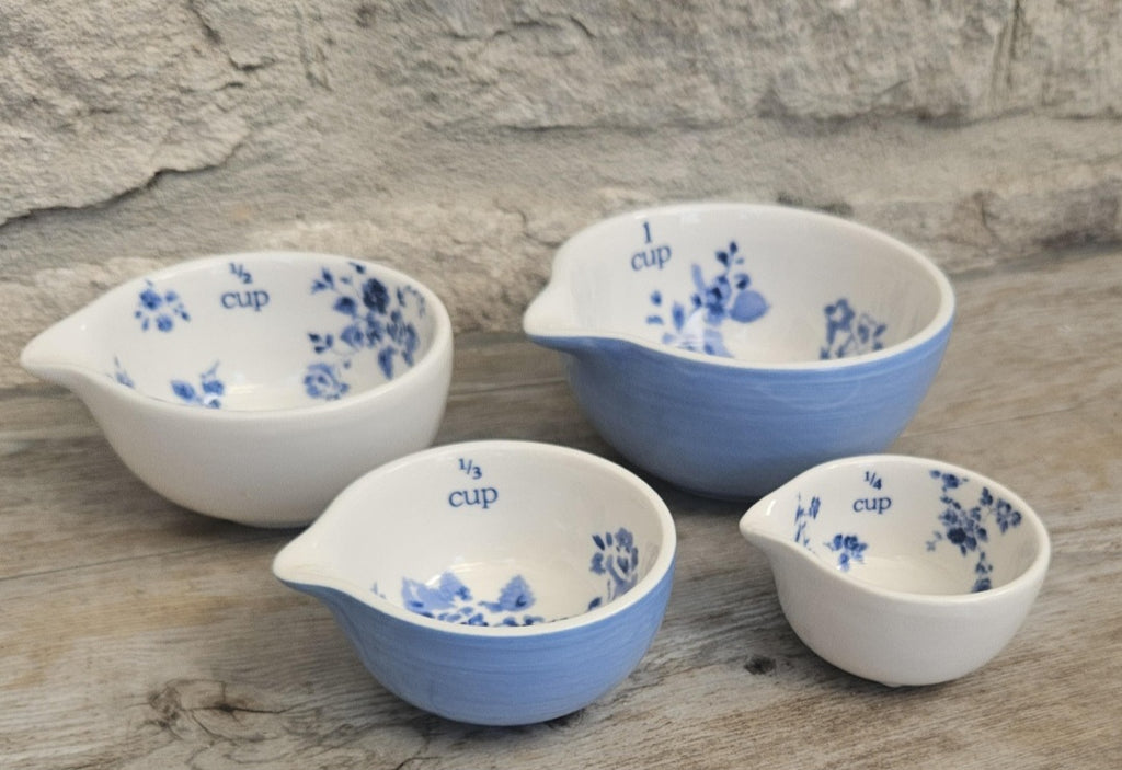 Laura Ashley Ceramics Measuring Cups Petite Fleur Blue White Floral Nesting Set x4 Kitchen
