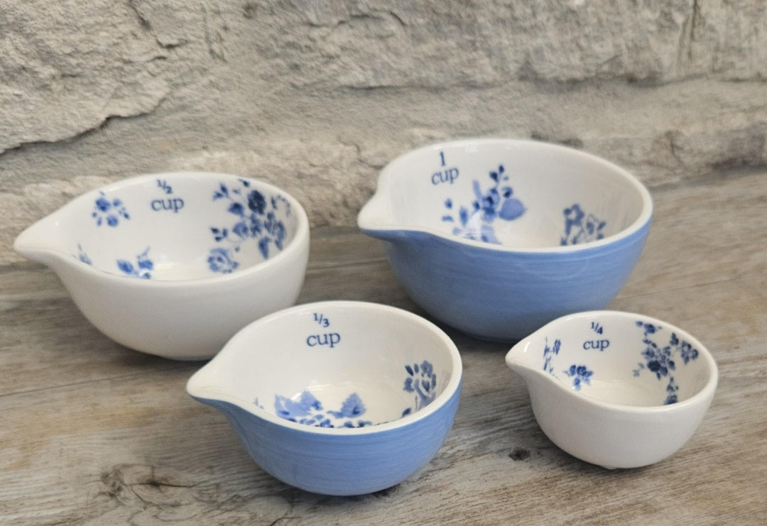 Laura Ashley Ceramics Measuring Cups Petite Fleur Blue White Floral Nesting Set x4 Kitchen
