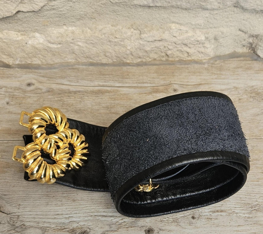 1980s Soft Black Leather Belt with Gold Metal Buckle 31" Long