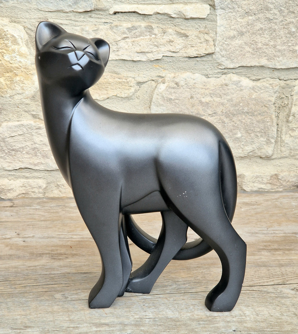 4D Art Cat Sculpture Figurine 2010 Black Animal Forms Stylized Matte Ornament 30cm
