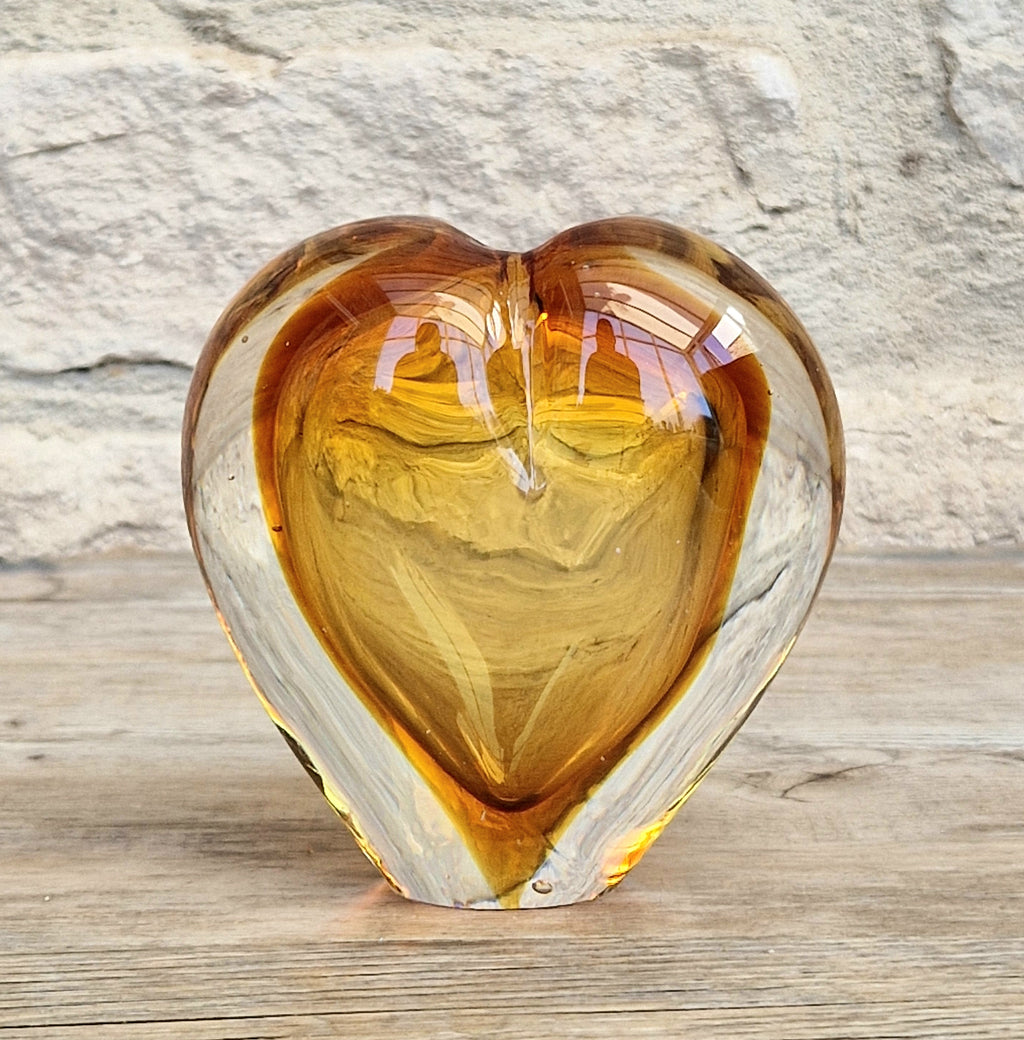 Vintage Mid Century Murano Sommerso Amber Art Glass Heart Vase Paperweight Seguso Sculptural Decor