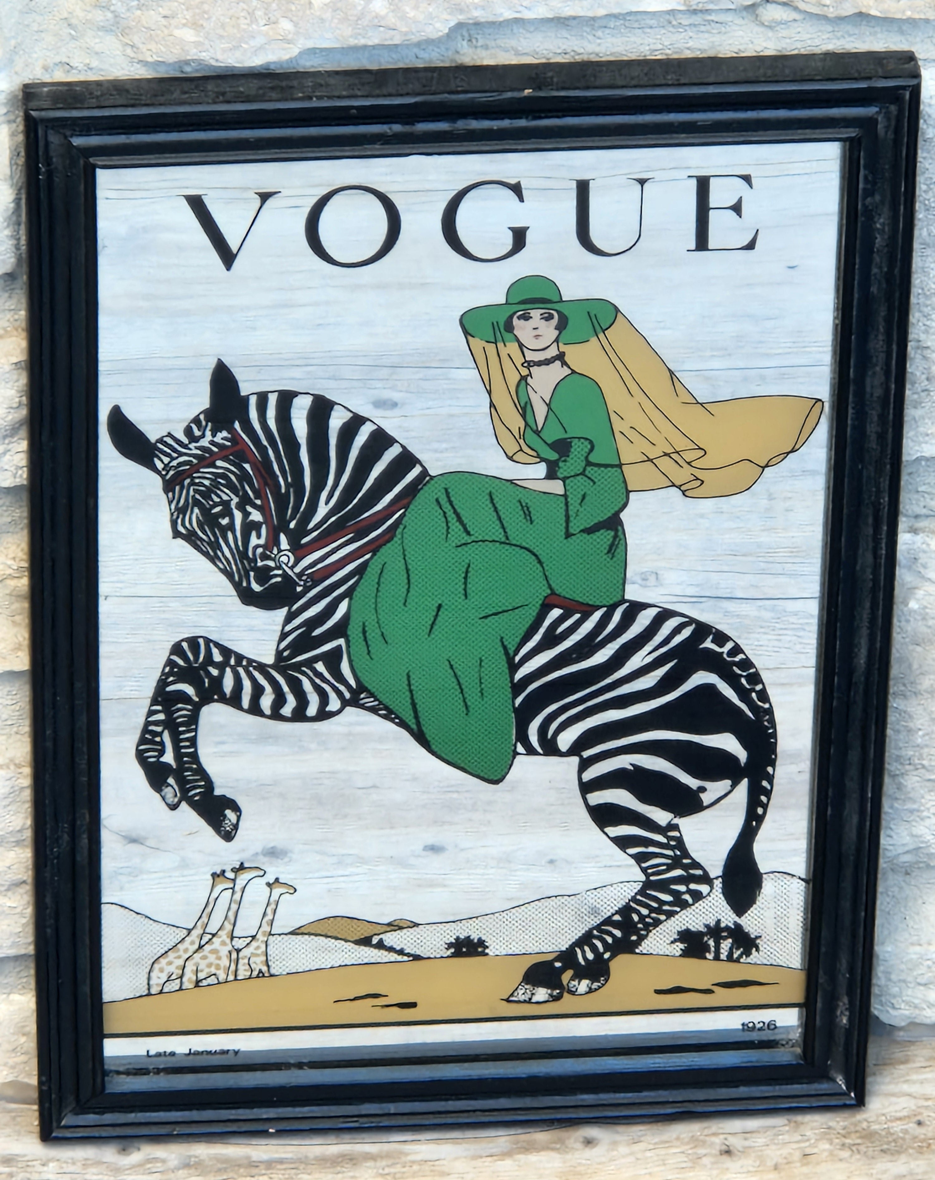 Vintage 1970s Art Deco Vogue Mirror Framed Zebra Fashion Magazine Cover Wall Decor Sign