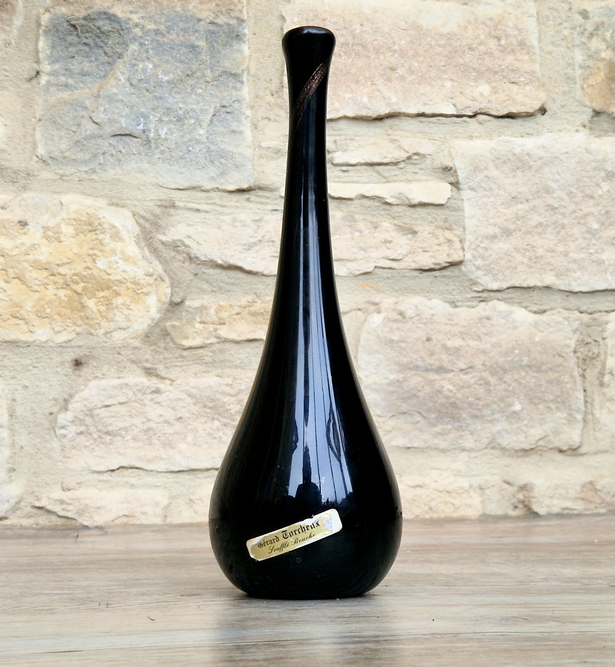 Gérard Torcheux Midcentury Amethyst Black Glass Teardrop Vase French Studio Glass Original Label. 1970s