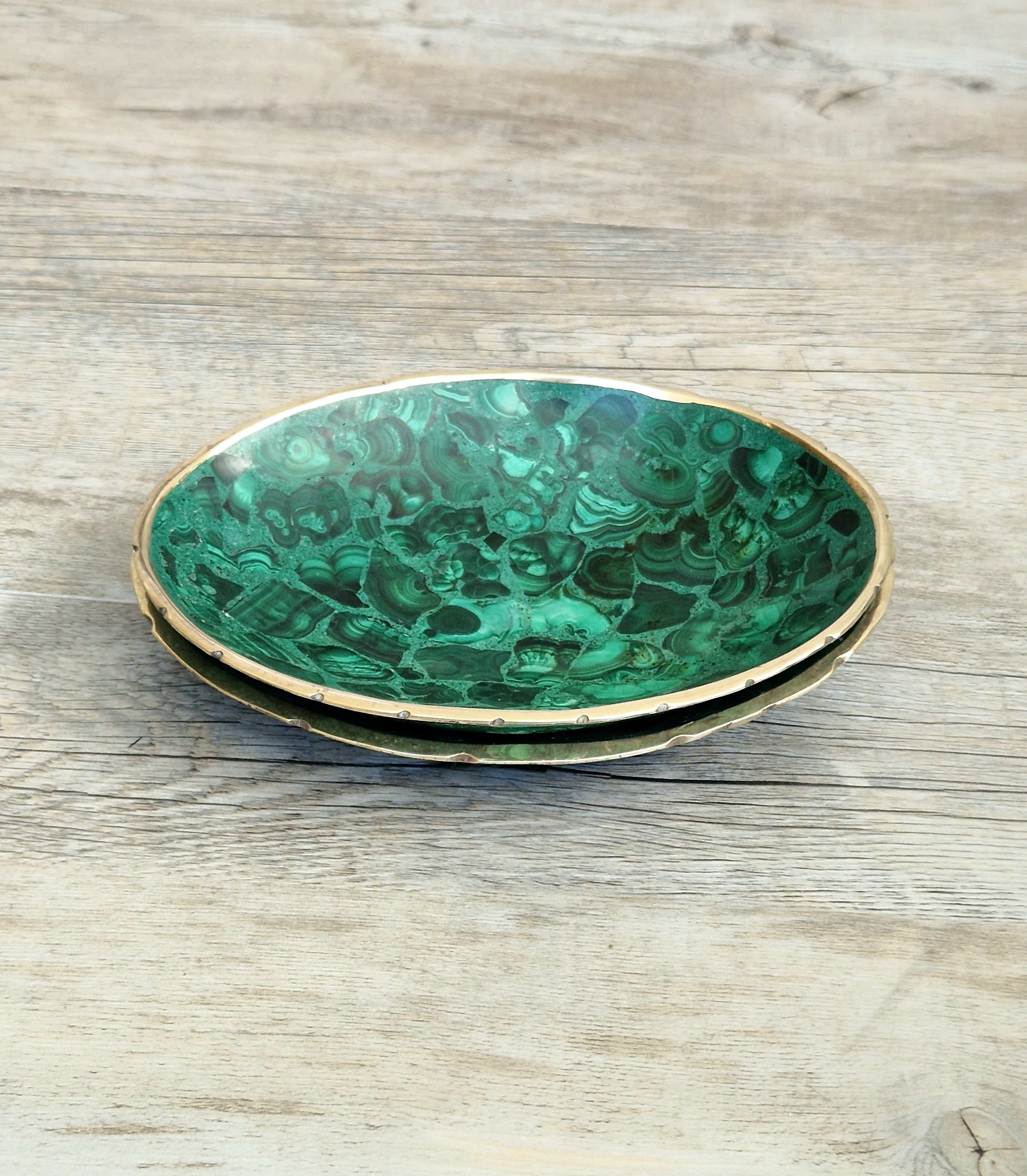 Pair of Stunning Fine Midcentury Malachite & Brass Oval Vide Poche Catch-All Decorative Bowls