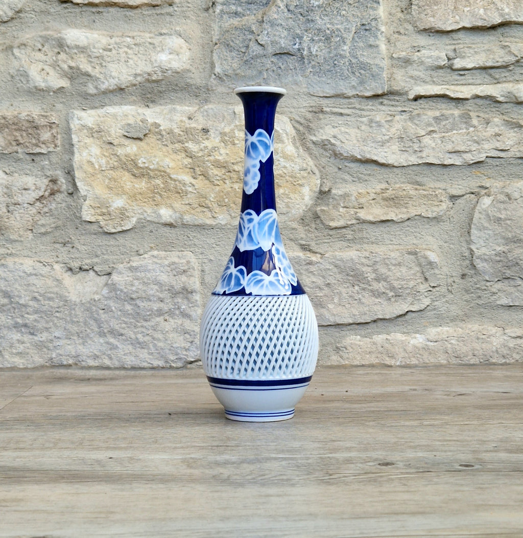 Japanese Arita Hasami Porcelain Vase Reticulated Open Lattice Cobalt Blue & White 24cm