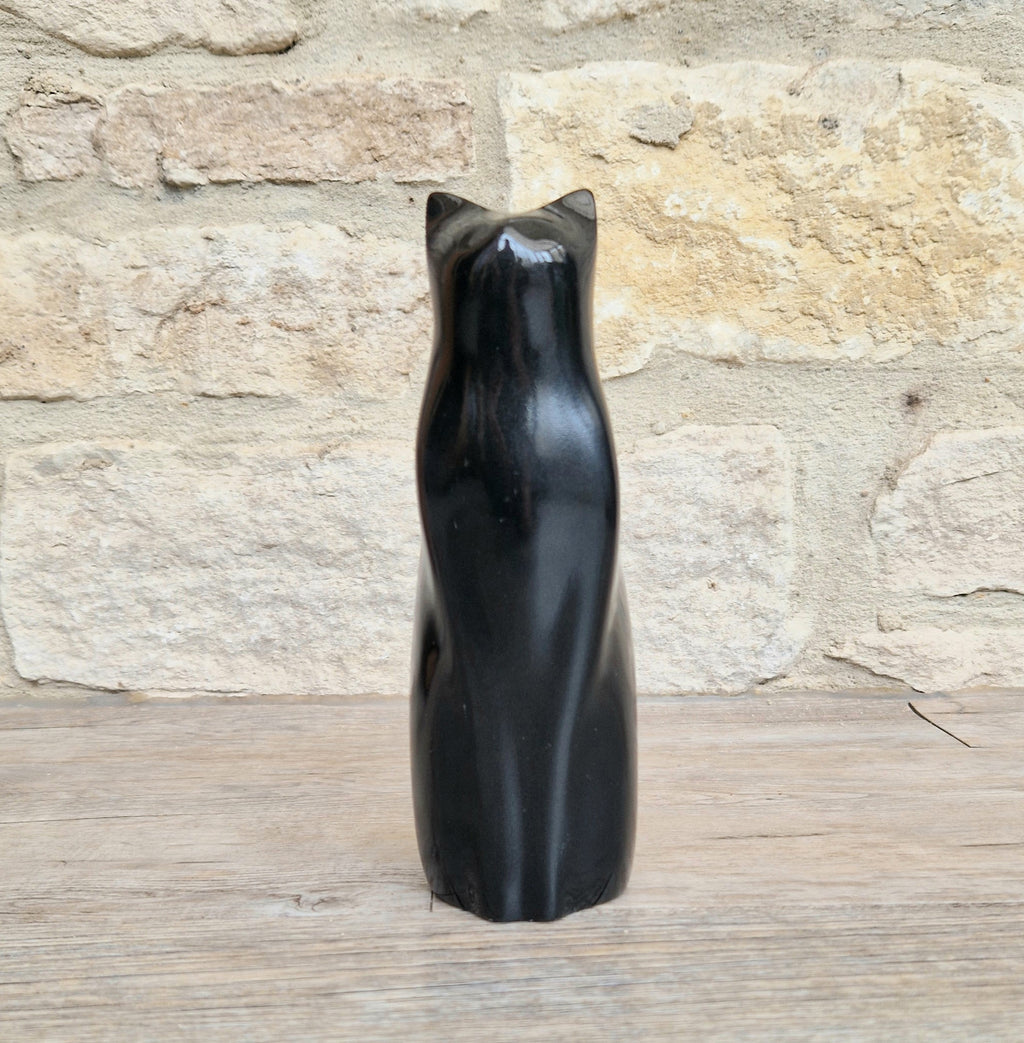 Perry Lancaster Sitting Cat Sculpture – Gloss Black Resin Figurine,Mid Century Decor 17cm