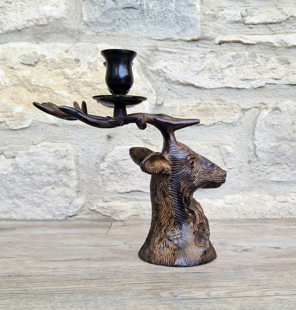 Vintage Heavy Patinated Bronze Stag Head Bust Double Candle Holder Table Decor