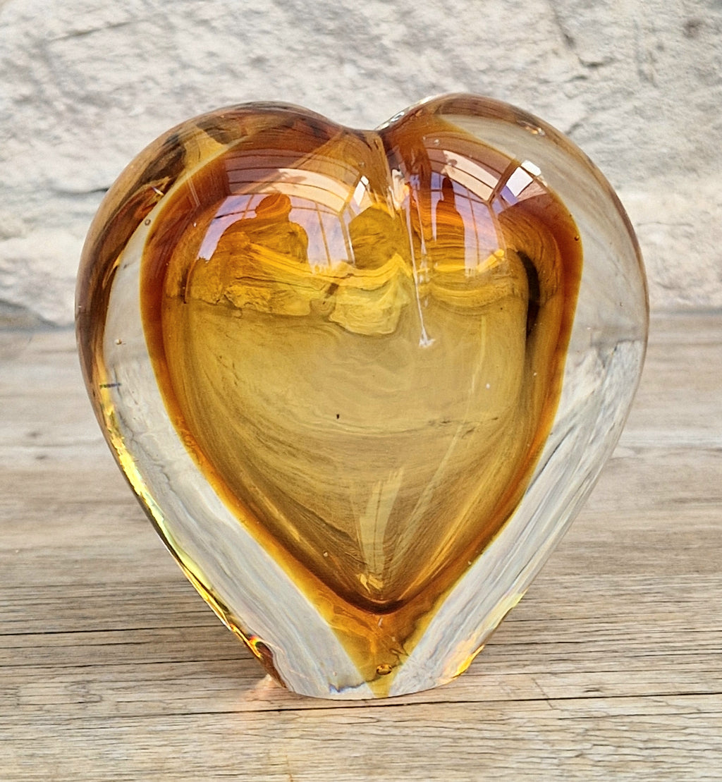 Vintage Mid Century Murano Sommerso Amber Art Glass Heart Vase Paperweight Seguso Sculptural Decor