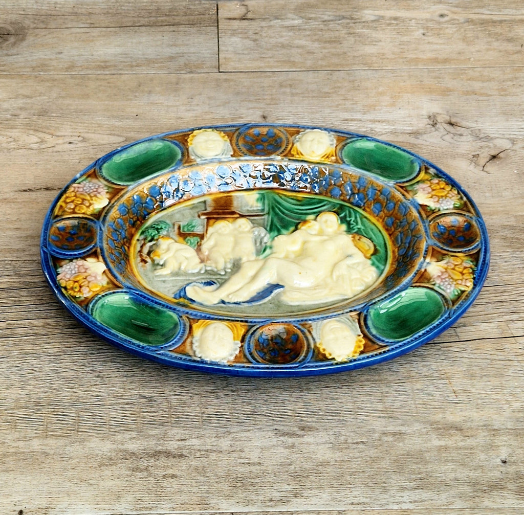 Antique Majolica Neoclassical Oval Serving Dish With Decorative Putti & Masks