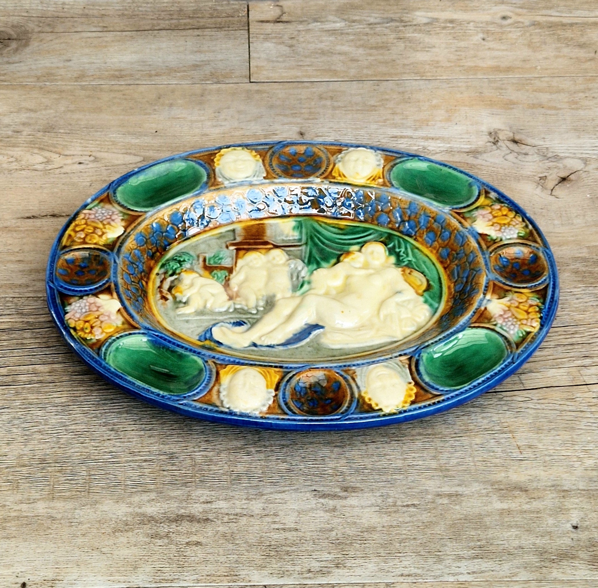 Antique Majolica Neoclassical Oval Serving Dish With Decorative Putti & Masks