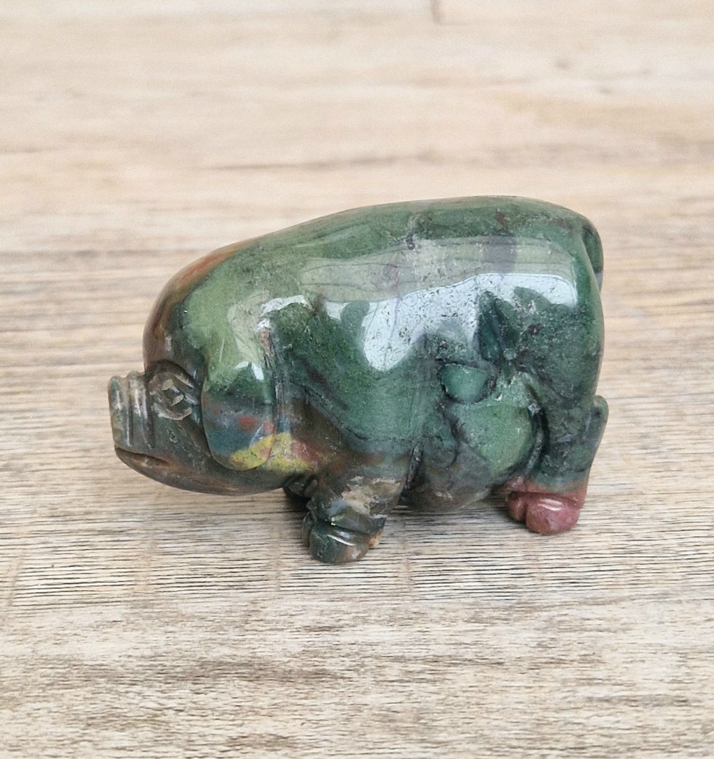 Vintage Fine Carved Moss Agate Standing Pig Figure Ornament 6.3cm