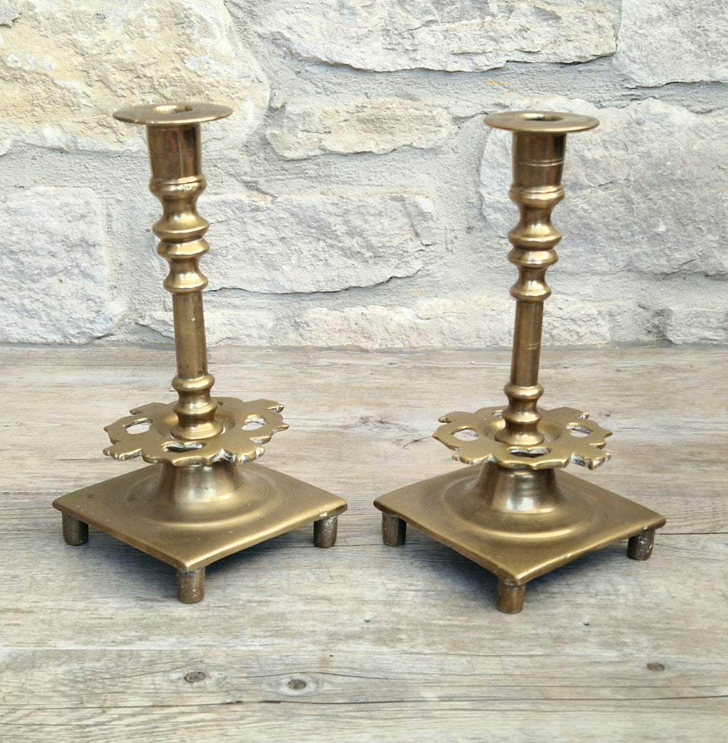 18th Century Solid Turned Brass Russian Sabbat Candle Holder Sticks Very Rare
