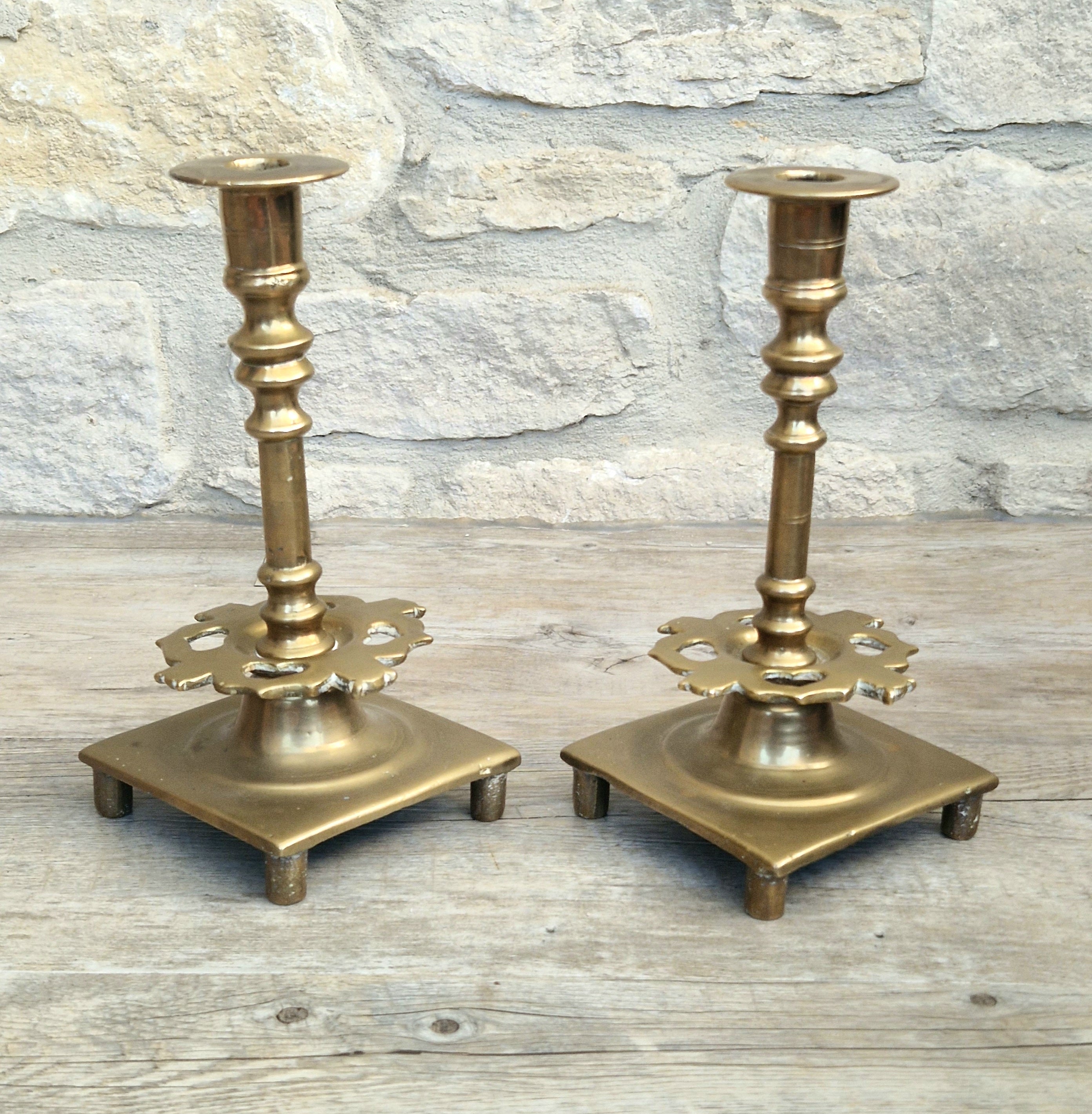 18th Century Solid Turned Brass Russian Sabbat Candle Holder Sticks Very Rare