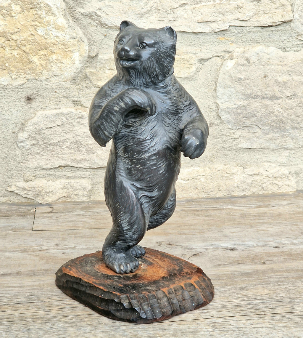 Cast Spelter Standing Bear Sculpture On Rustic Wood Base Rare Antique Art Deco