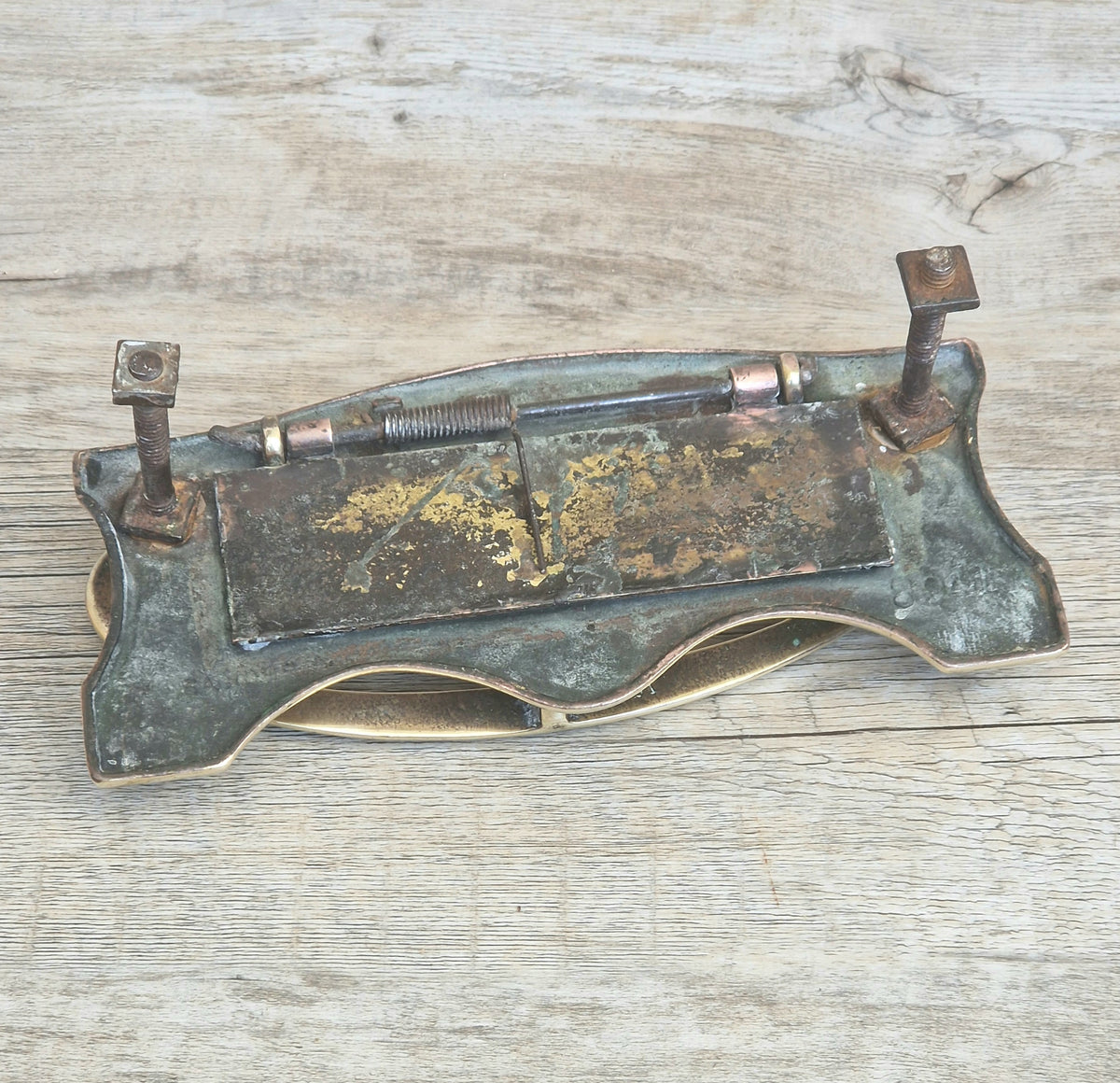 Art Deco Antique Brass Letterbox Plate Door Knocker Original Bolts 18cm