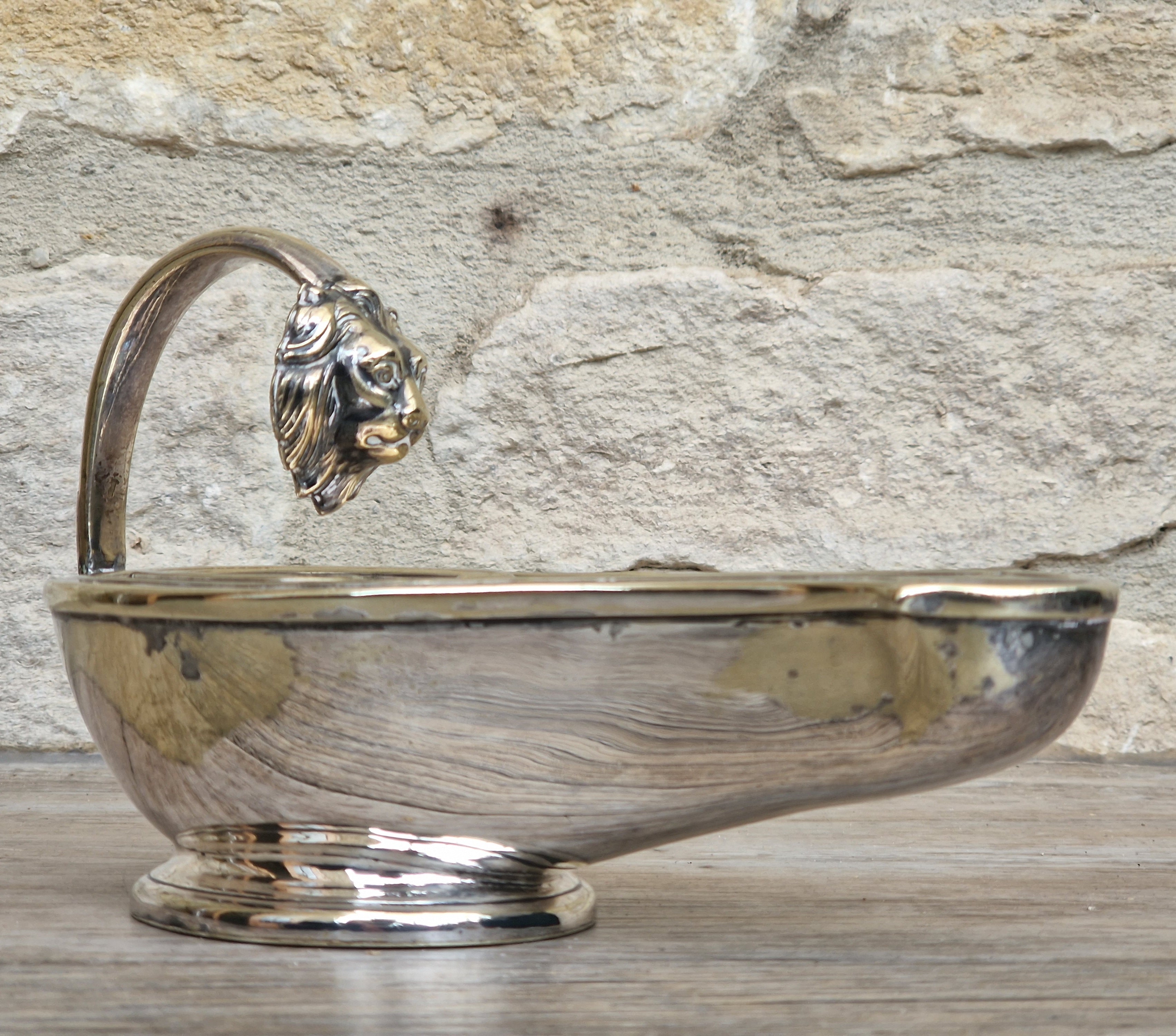 Antique Victorian Silver Plated Spoon Warmer Brass Oil Lamp Style Lion Mask Handle