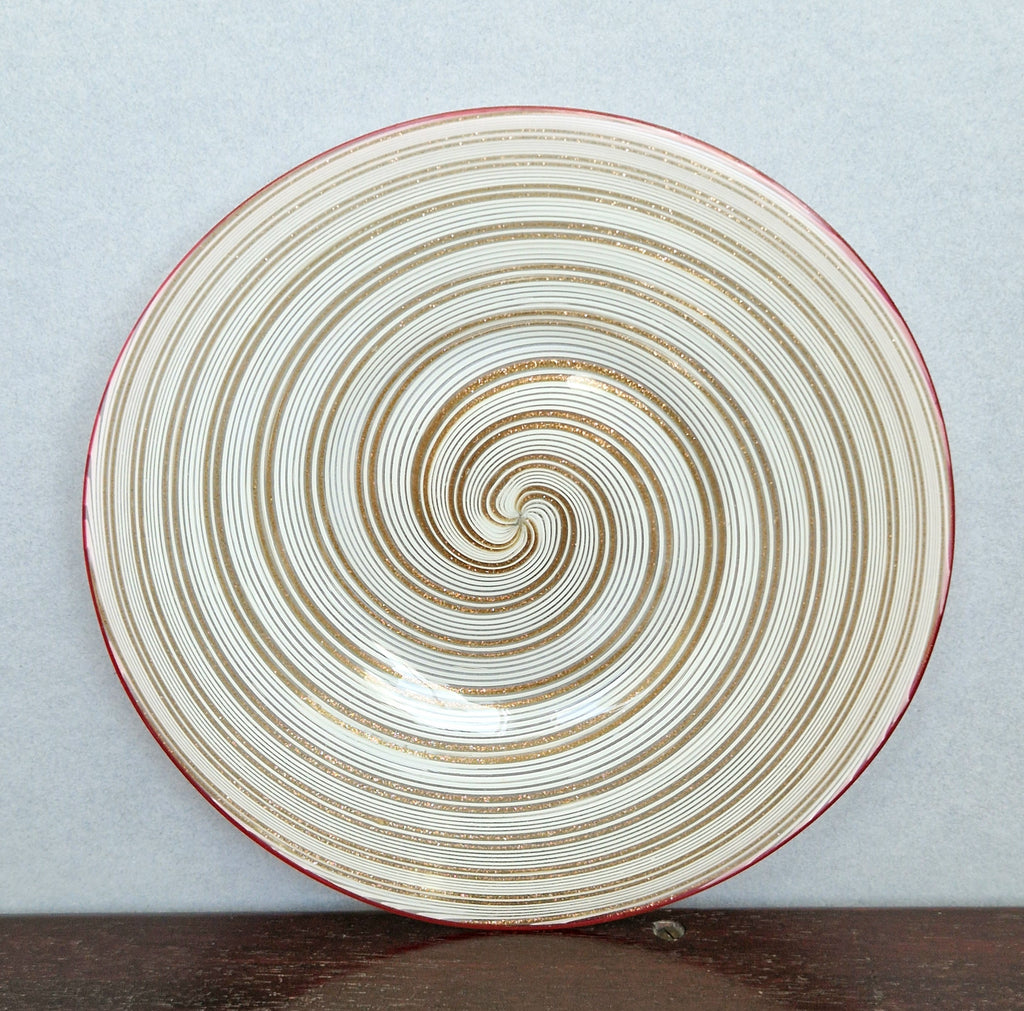 Antique Salviati Murano Glass Plate, Mezza Filigrana, Copper Aventurine, Red Rim, Venetian, c.1860–1872, 17.8cm, Rare Collectable