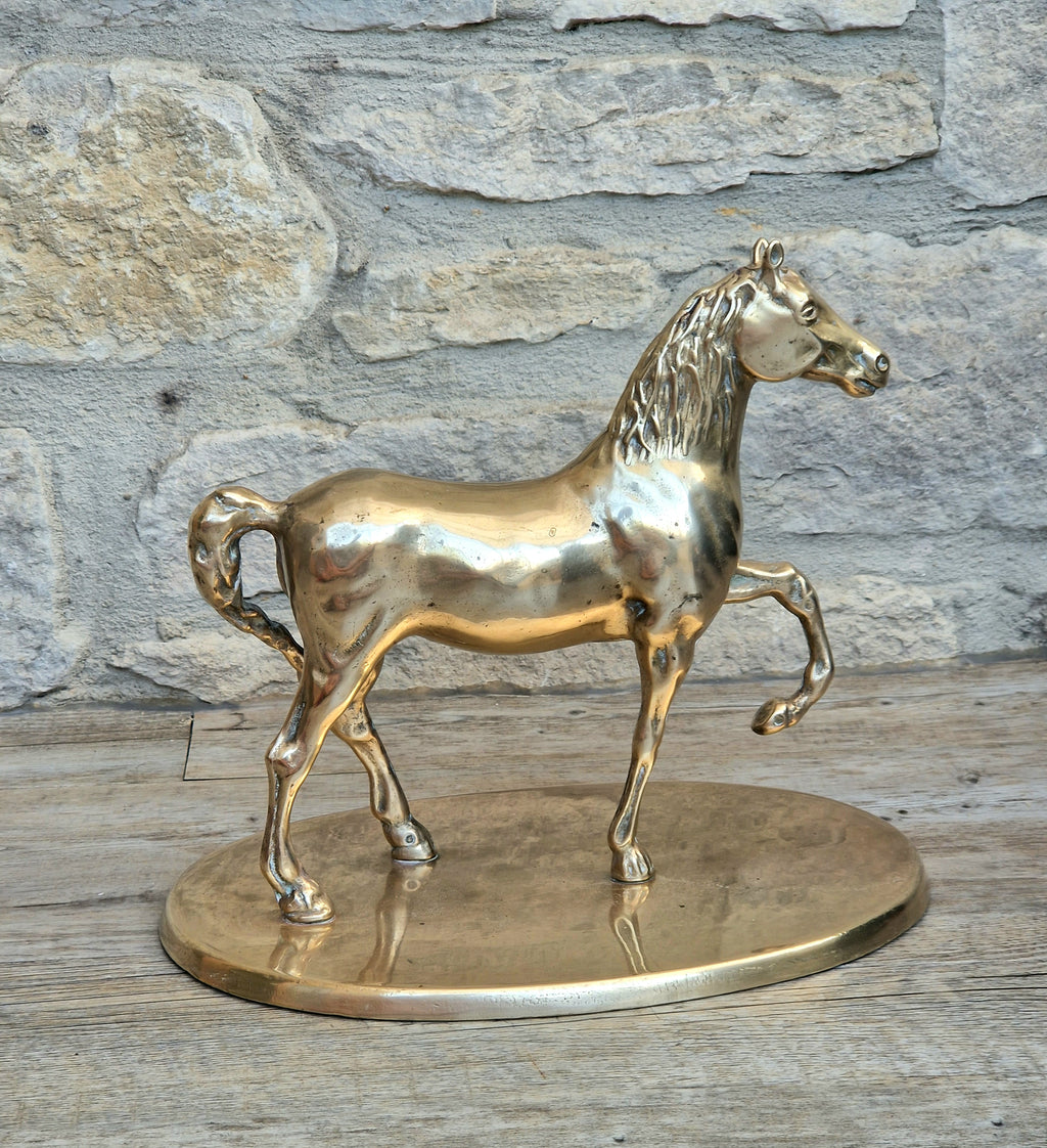 Vintage Solid Brass Horse Statue 22cm Large Heavy Equestrian Trotting Figurine On Base 1.9kg