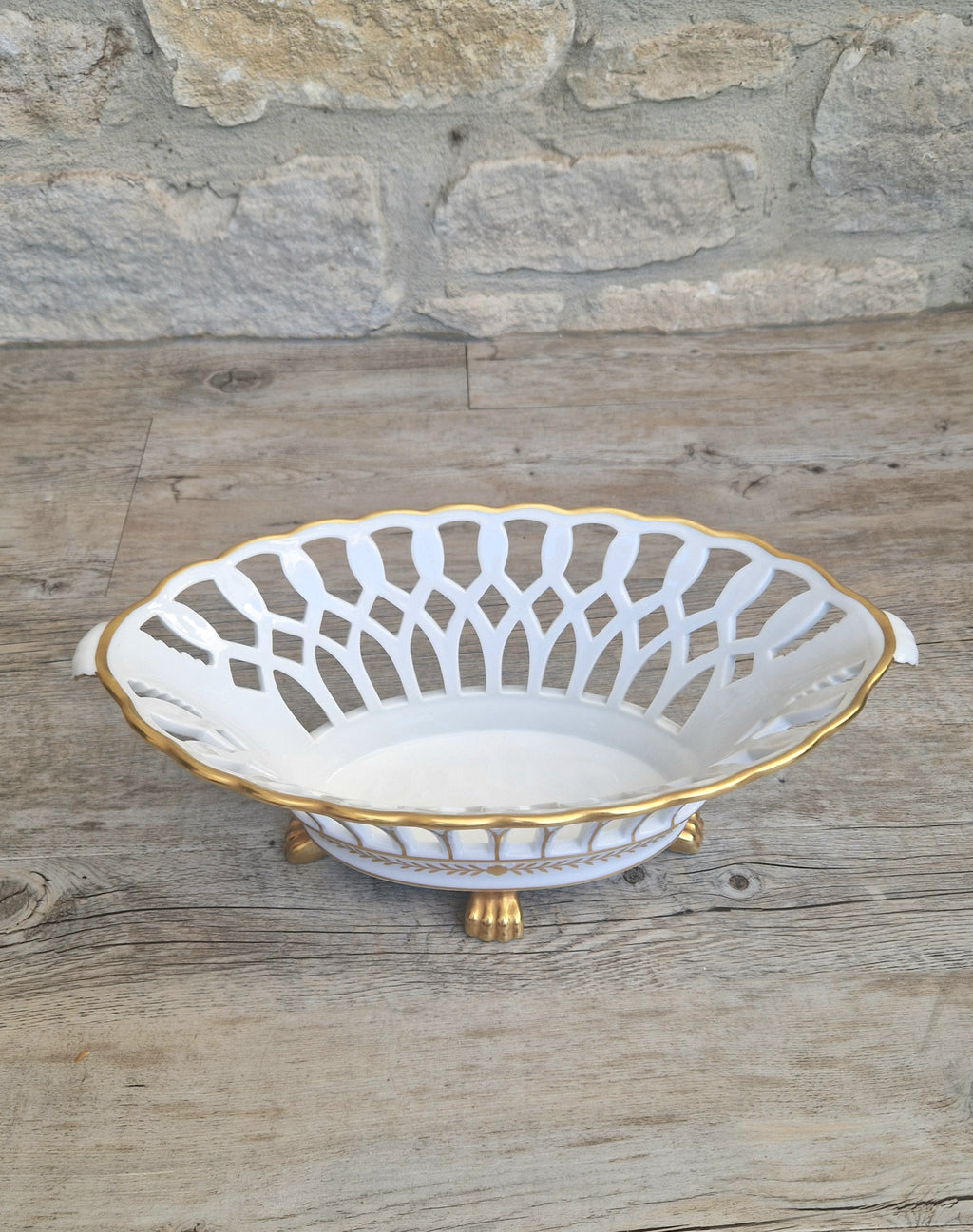 Large Vista Alegre Reticulated White & Gold Ceramic Basket Fruit Bowl Old Paris Style