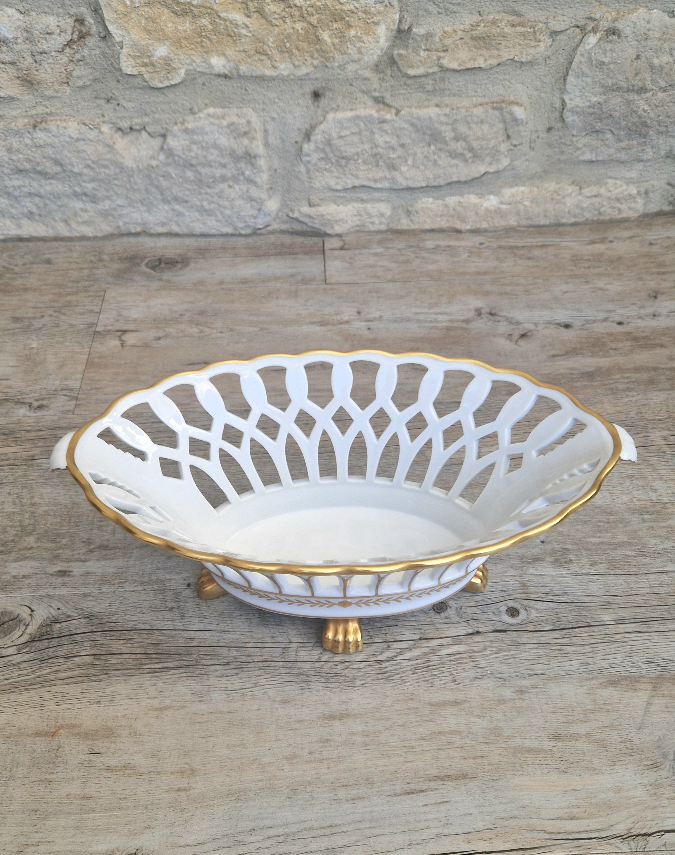 Large Vista Alegre Reticulated White & Gold Ceramic Basket Fruit Bowl Old Paris Style