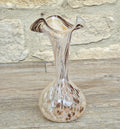 Vintage Art Glass Confetti Vase, Handblown Clear Glass with White, Amber, Brown Flecks, Flared Rim