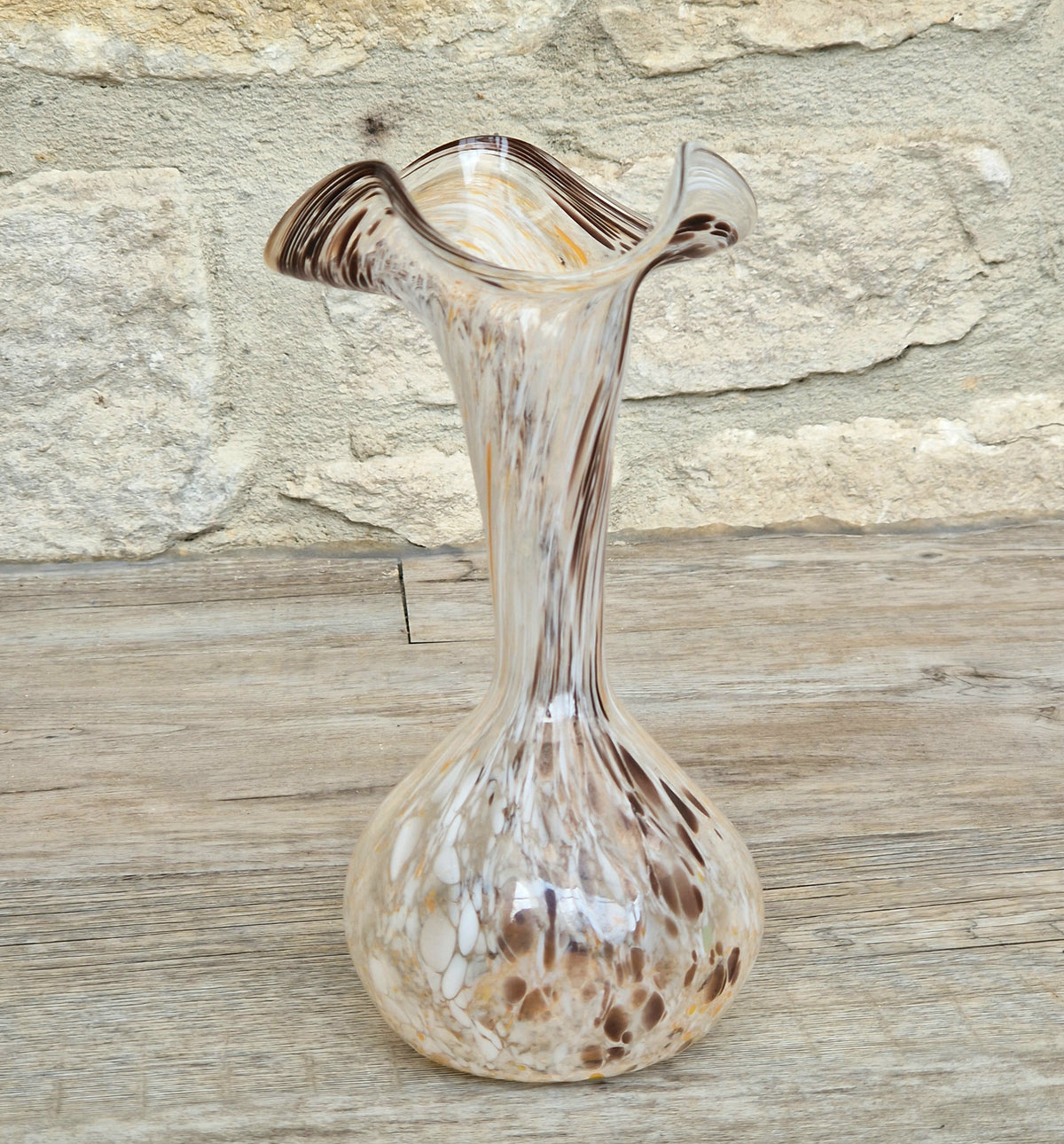 Vintage Art Glass Confetti Vase, Handblown Clear Glass with White, Amber, Brown Flecks, Flared Rim