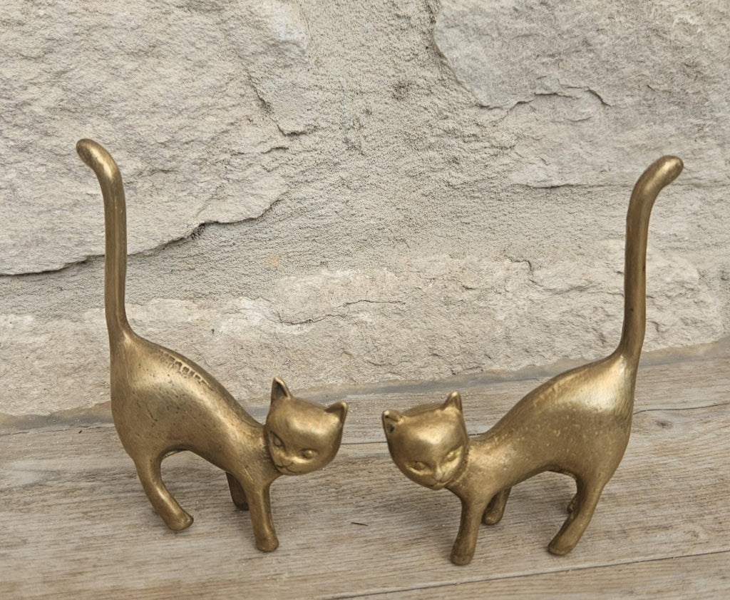 Mid-Century Solid Brass Cat Figurines: Pair of Cat Ornaments
