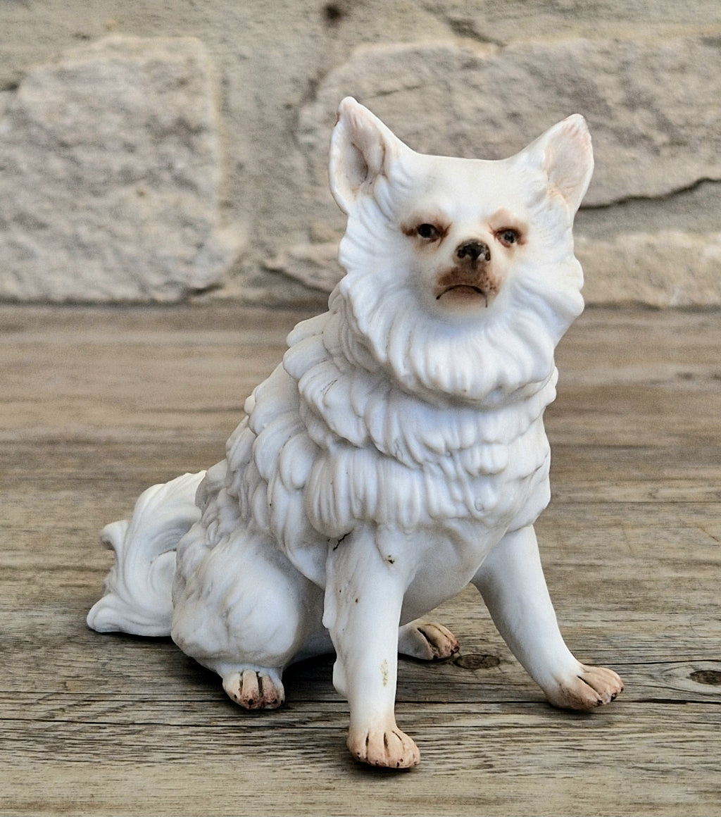 Antique Heubach Bisque Sitting Spitz Dog: German Figure, Circa 1864-1880