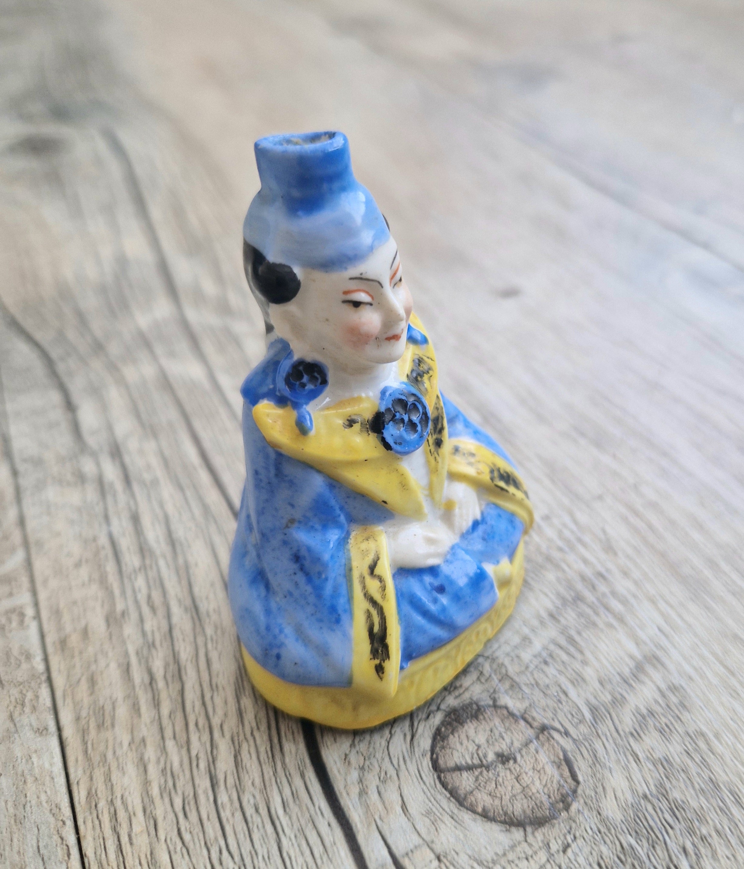 Antique Sitzendorf Ceramic Seated Figure Perfume Bottle - Missing Crown Top