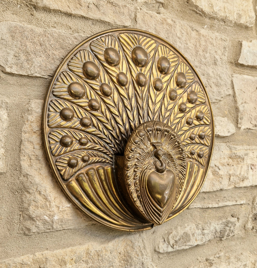 Rare Signed George Johnson Brass Peacock Wall Pocket Plaque 29cm Victorian Arts and Crafts 1880s