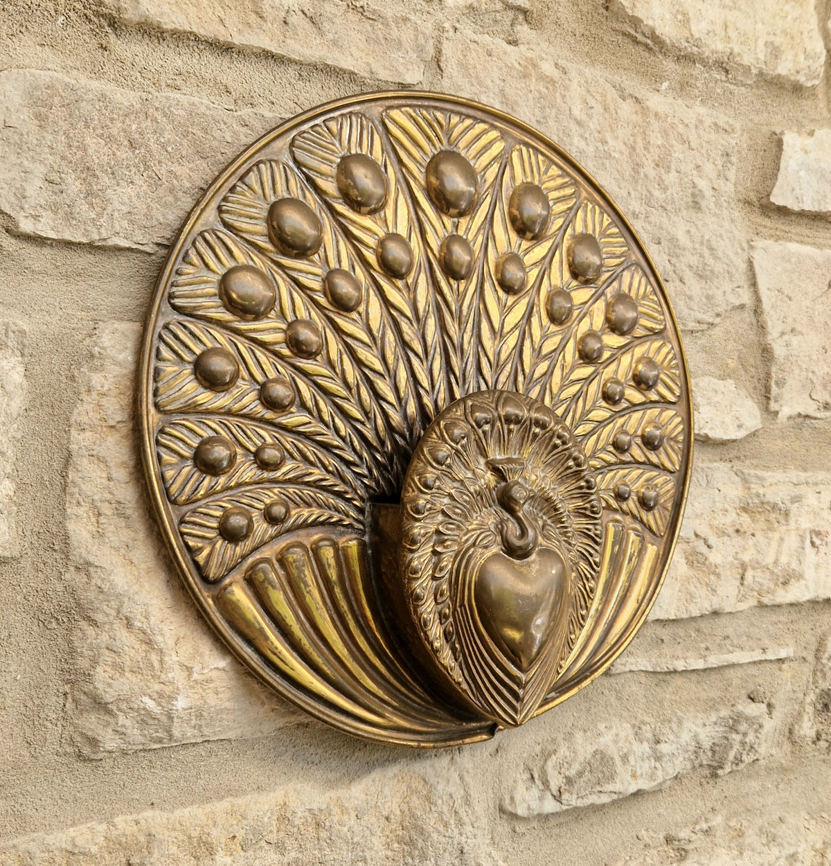Rare Signed George Johnson Brass Peacock Wall Pocket Plaque 29cm Victorian Arts and Crafts 1880s