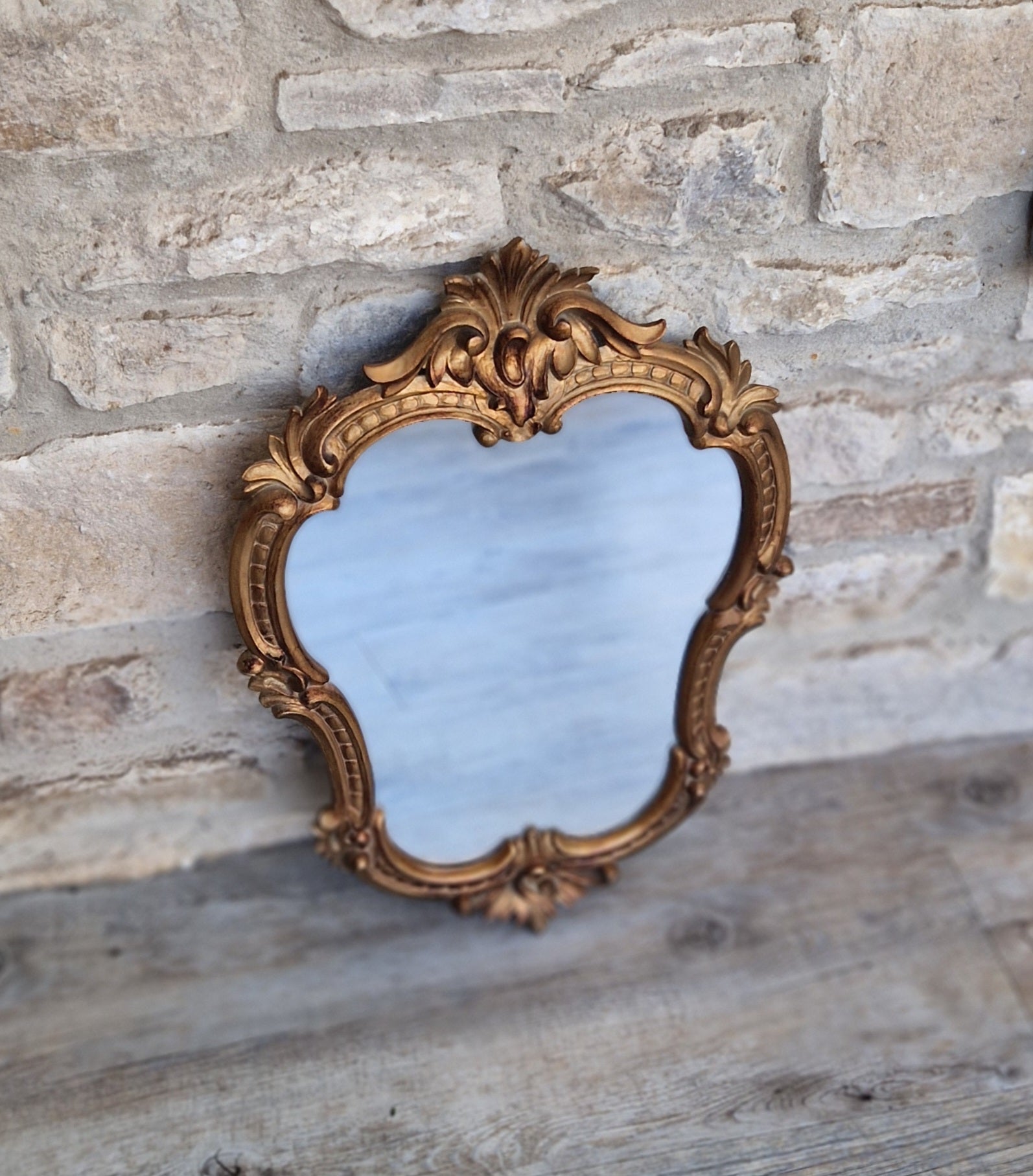 Vintage Italian Ornate Rococo Style Gilded Gold Wall Mirror 51cm x 35cm Stamped Italy