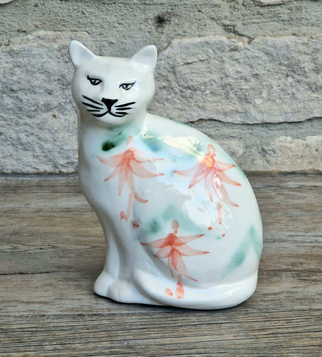 Vintage Moorland Pottery Seated Cat Figurine Hand Painted Fuchsia Floral Staffordshire Art Pottery