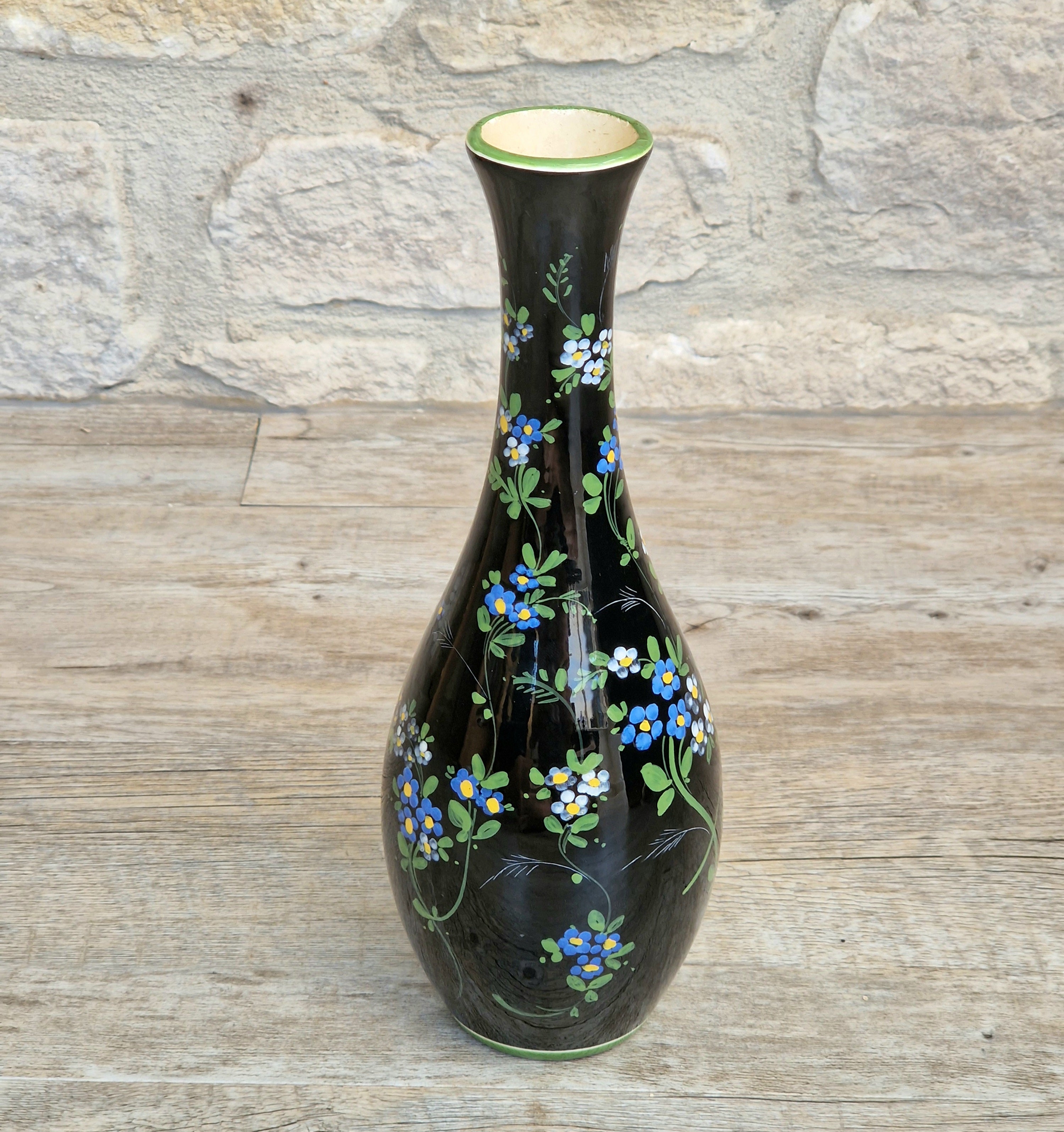 Marmaca San Marino Vase Art Ceramic Black Floral Amphora Tall Bottle Vase 1950's