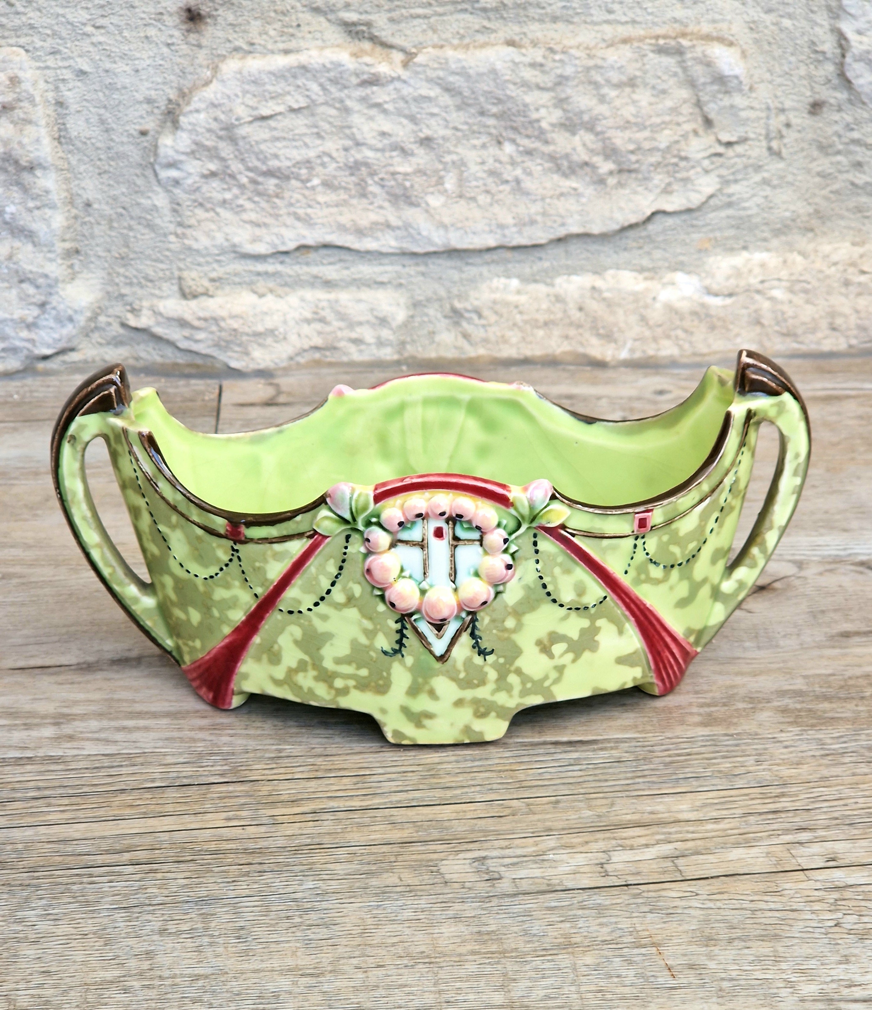 Art Nouveau Duxer Babotine Planter: Antique Hand-Painted Jardiniere