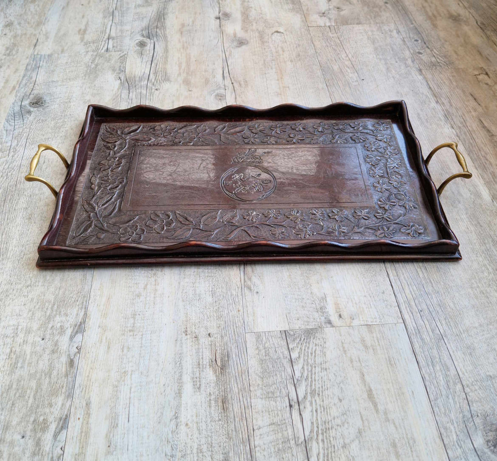 Antique 19th C. Carved Corps Of Commissionaires Presentation Brass Handled Serving Tray