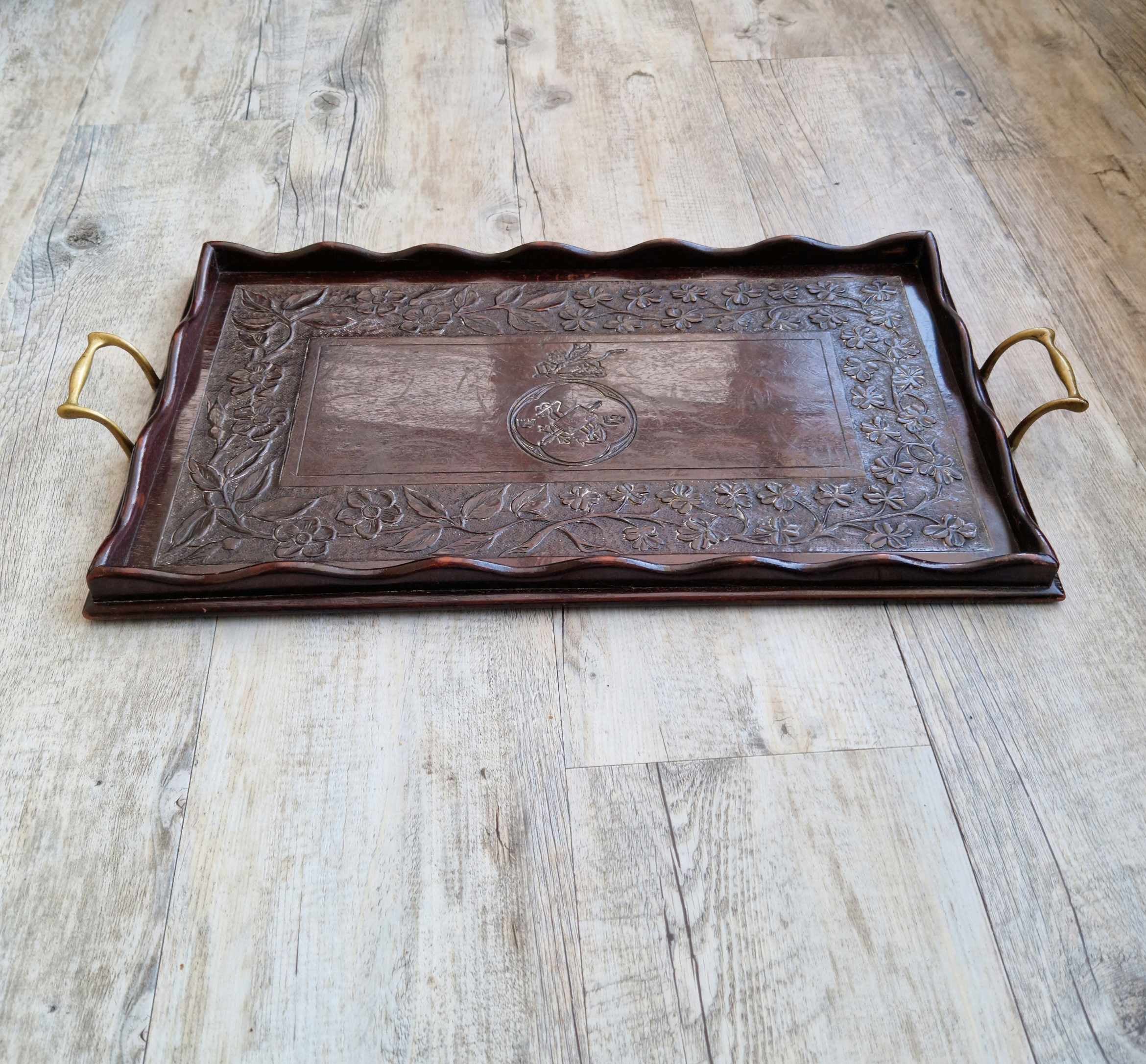 Antique 19th C. Carved Corps Of Commissionaires Presentation Brass Handled Serving Tray