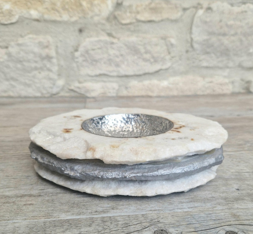 Alabaster & White Metal Vide Poche Catch-All Bowl Handmade Vintage