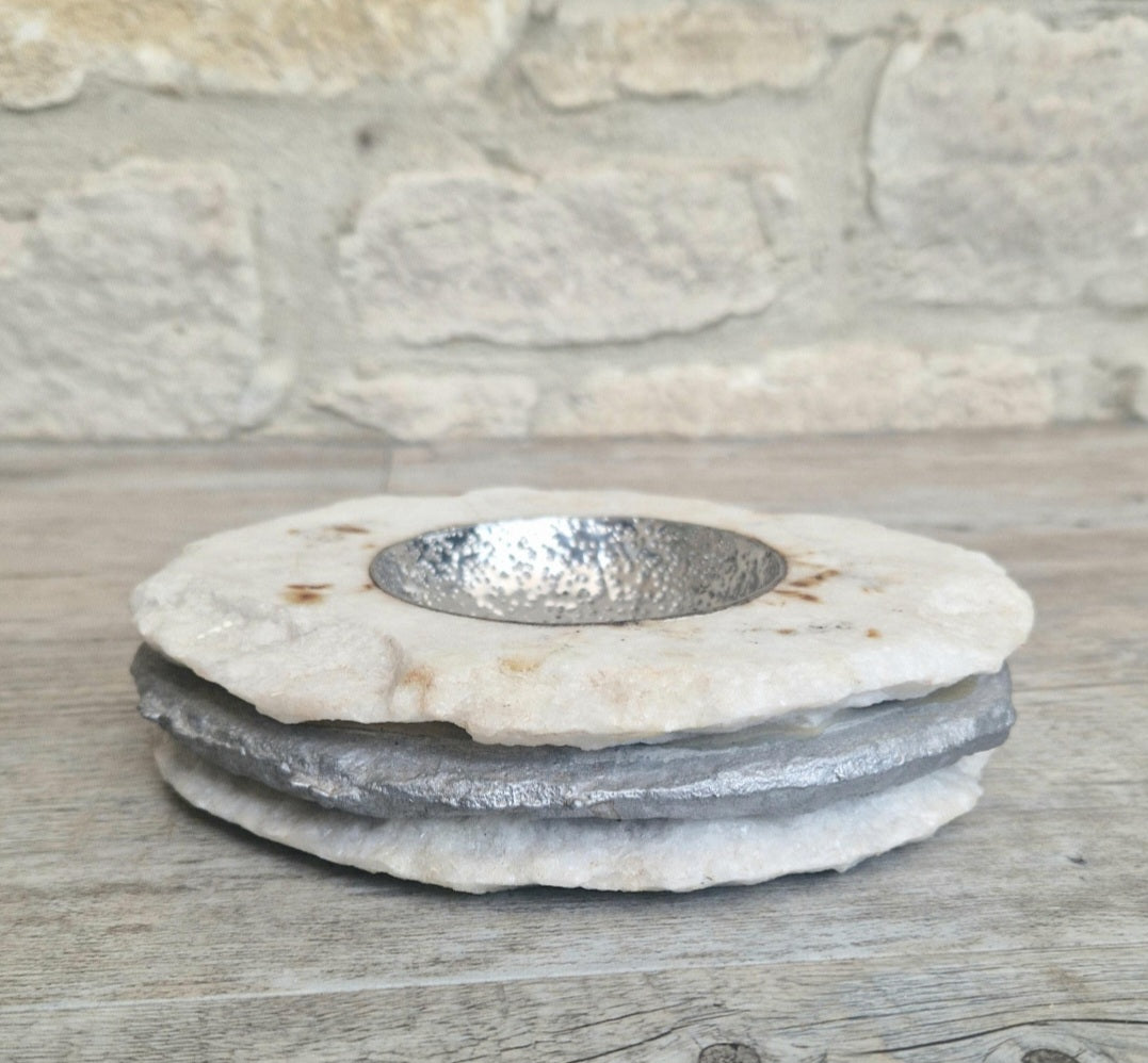 Alabaster & White Metal Vide Poche Catch-All Bowl Handmade Vintage