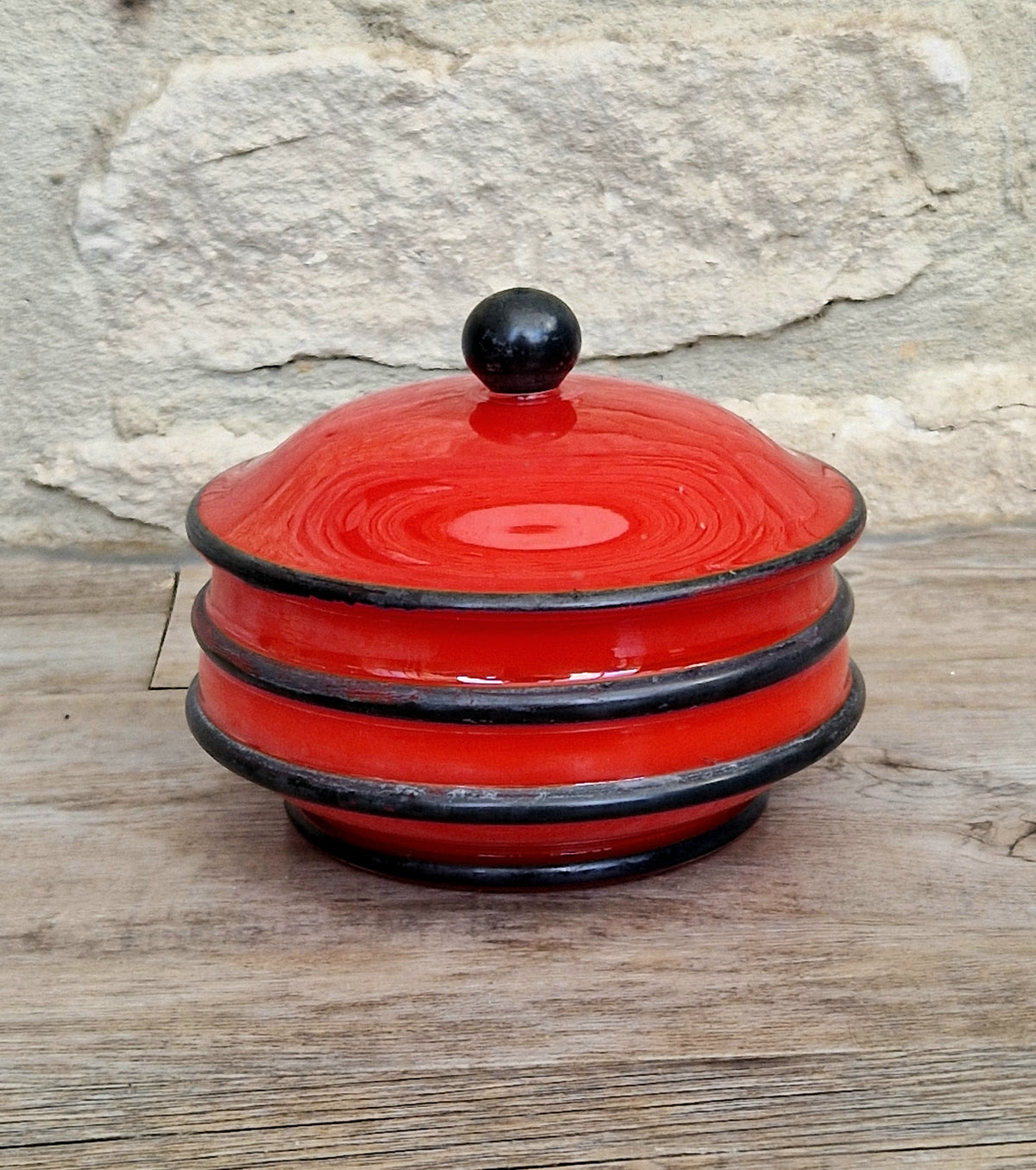 Art Deco Bohemian Red Black Hooped Glass Powder Box Covered Vanity Jar Jar Lid 12cm