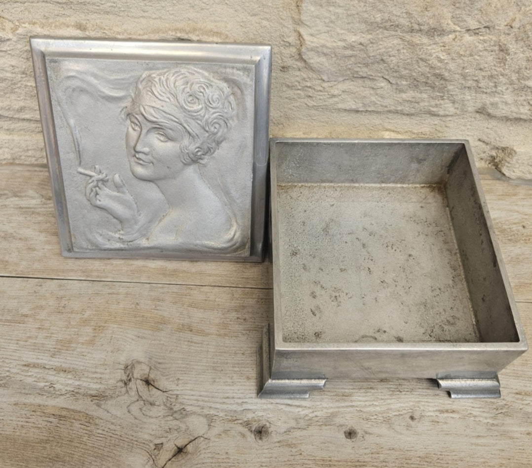 Art Nouveau Lady Aluminium Lidded Box Made in London England Stamped (1905-1924) 13.5cm Square X 6.5cm Tall Arts and Crafts Box