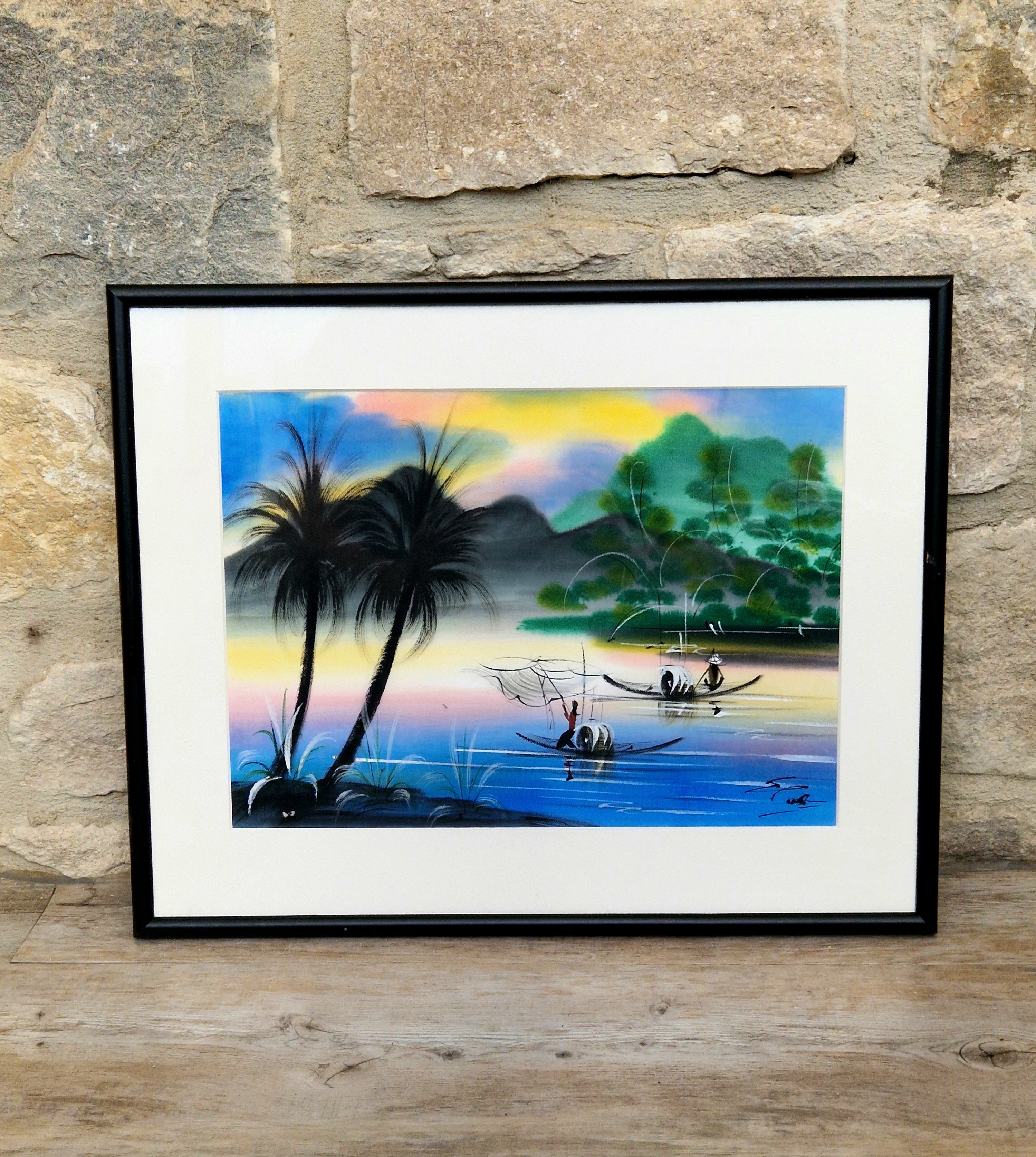 Vintage Silk Painting Framed River Landscape Vietnamese Traditional Asian Framed Wall Decor.