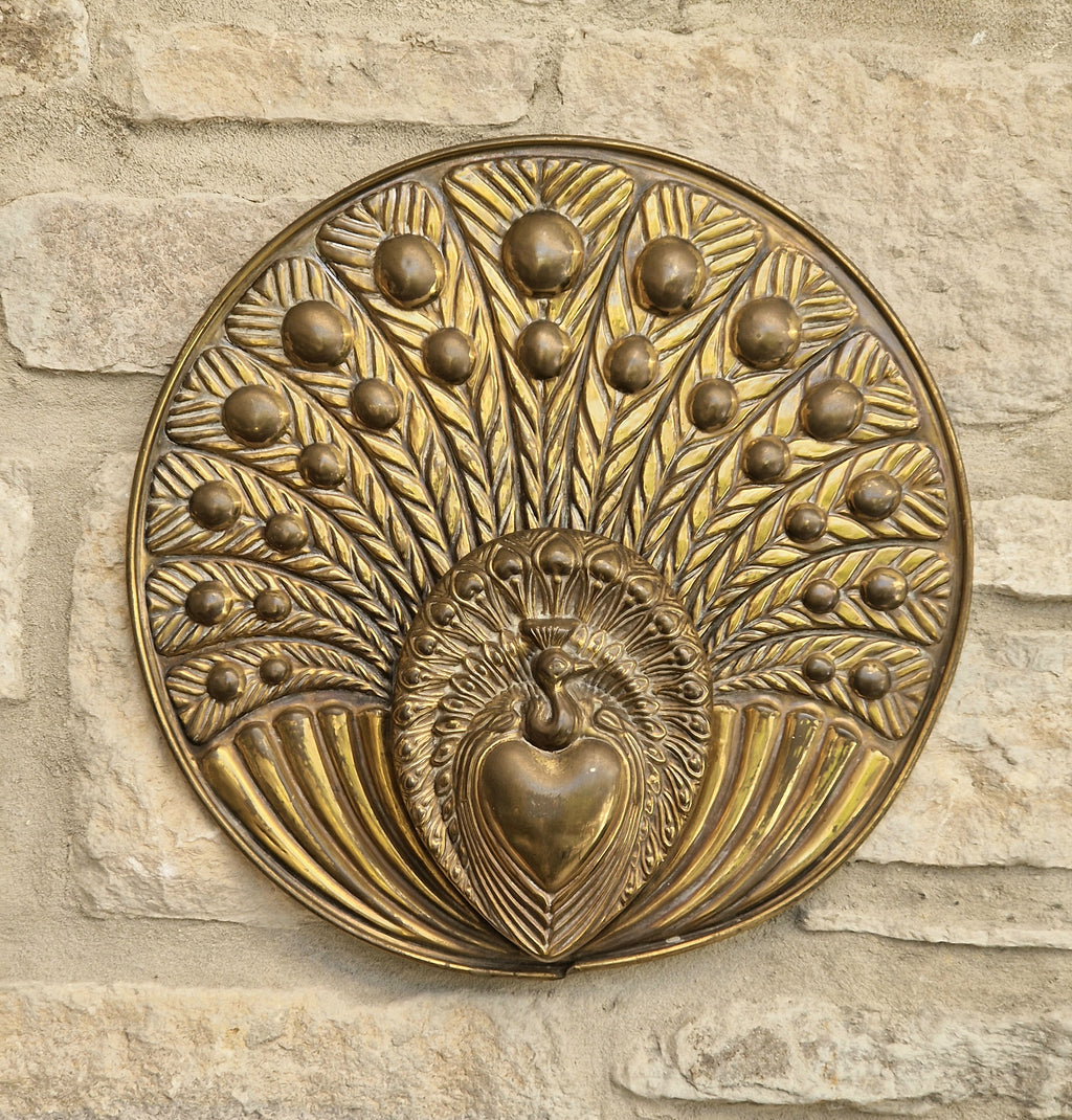 Rare Signed George Johnson Brass Peacock Wall Pocket Plaque 29cm Victorian Arts and Crafts 1880s