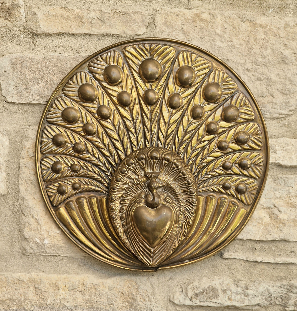 Rare Signed George Johnson Brass Peacock Wall Pocket Plaque 29cm Victorian Arts and Crafts 1880s