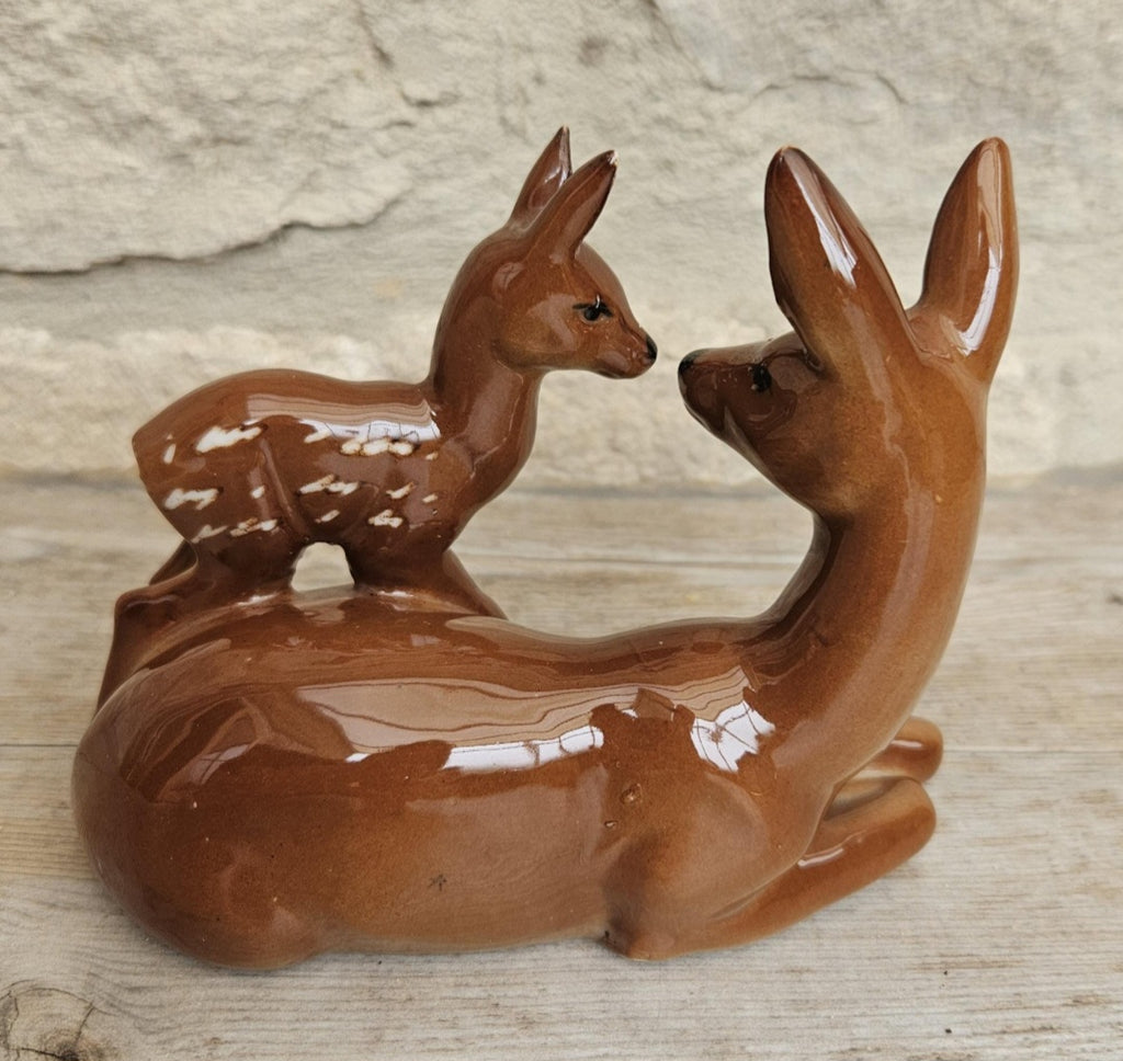Bambi Doe and Fawn Porcelain Ornament Figurine Mid Century Deer Ornament Collectible Woodland Decor