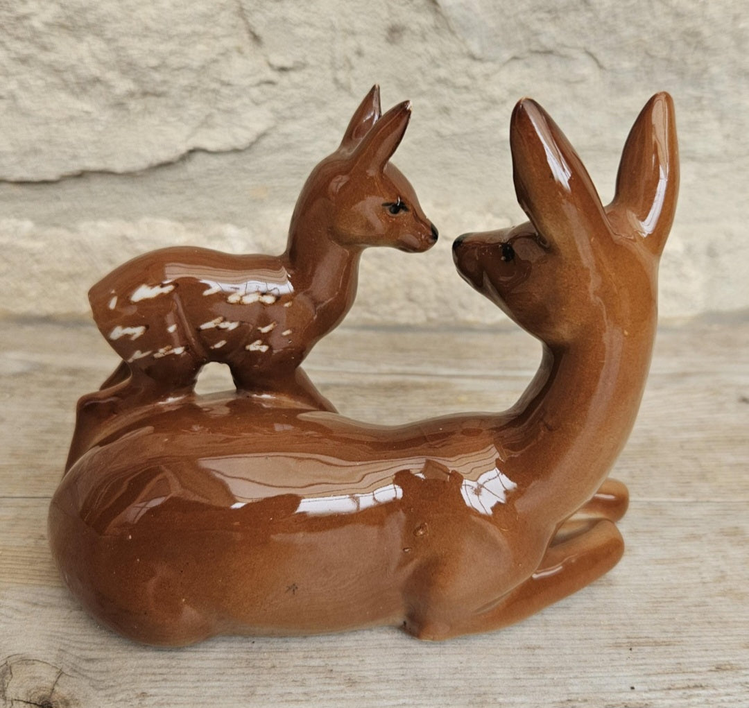 Bambi Doe and Fawn Porcelain Ornament Figurine Mid Century Deer Ornament Collectible Woodland Decor