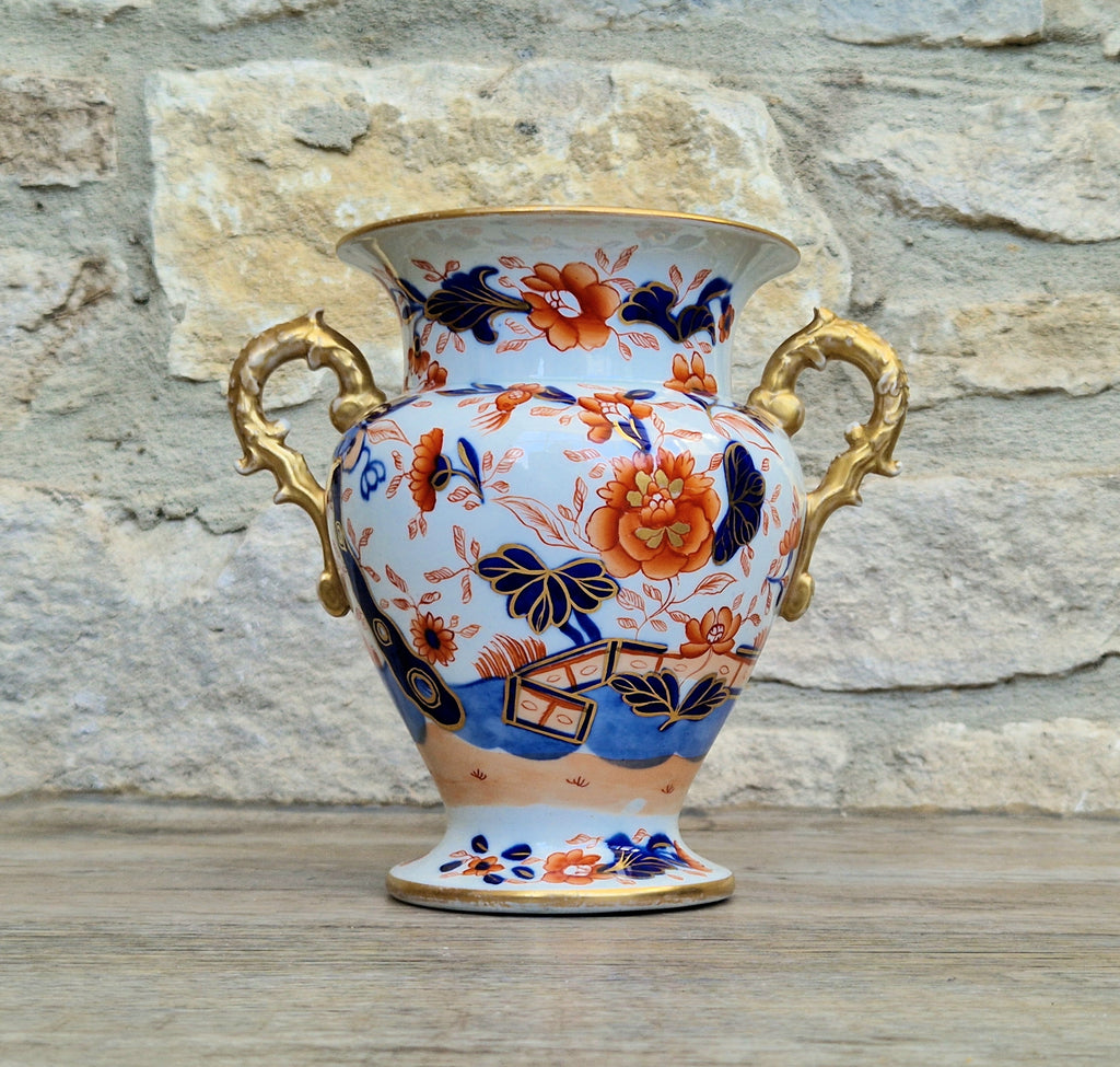 Early Mason's Ironstone China Vase Japan Fence Pattern, Gilt Handles 1820